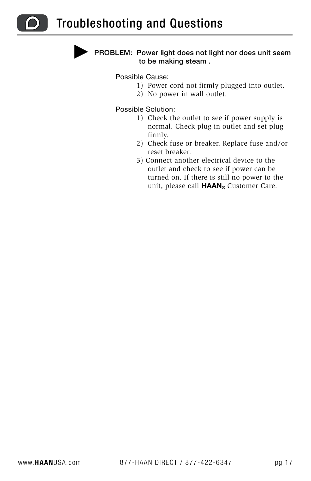 Haan GS-60 user manual Troubleshooting and Questions 