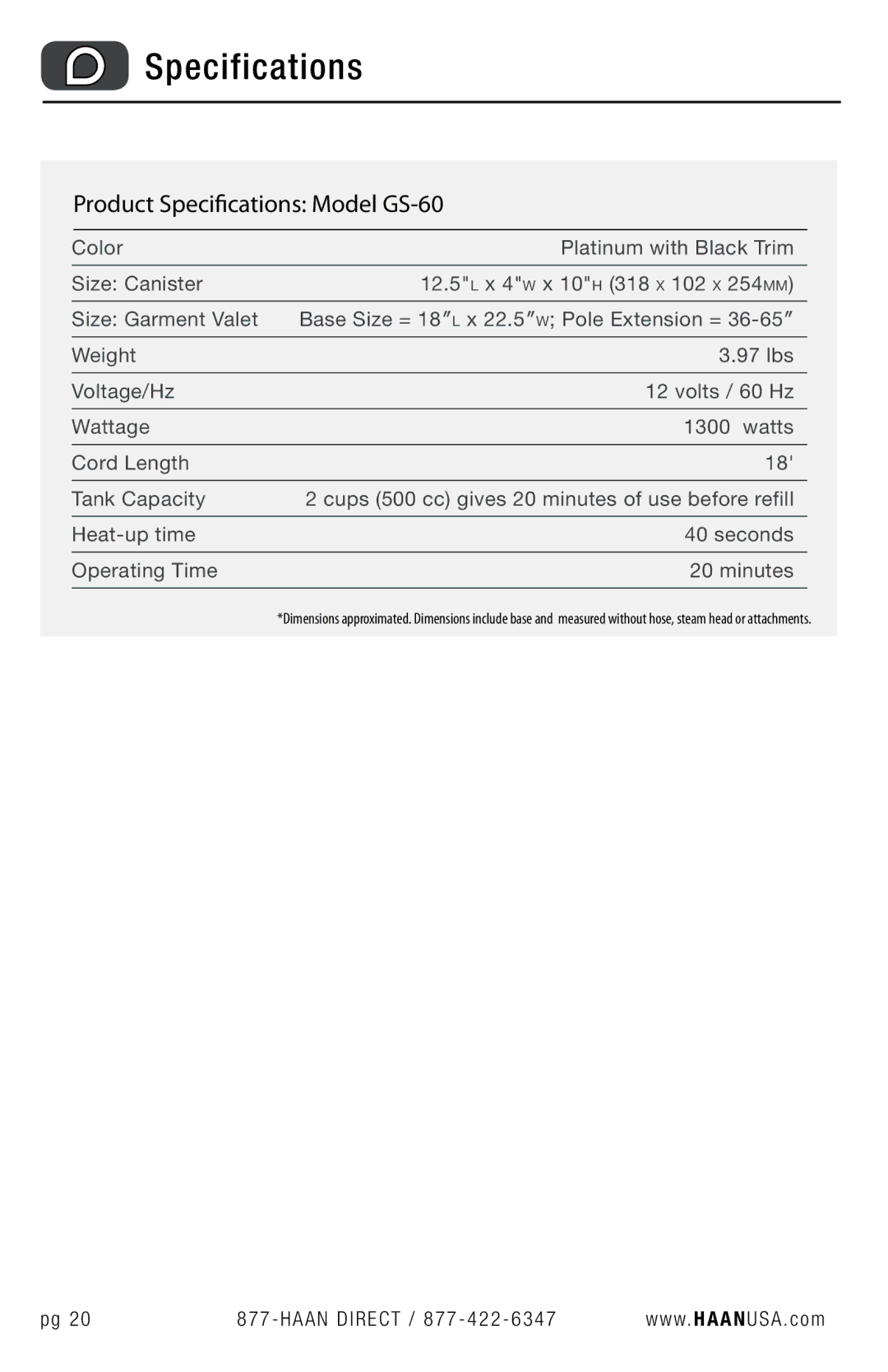 Haan user manual Product Specifications Model GS-60 