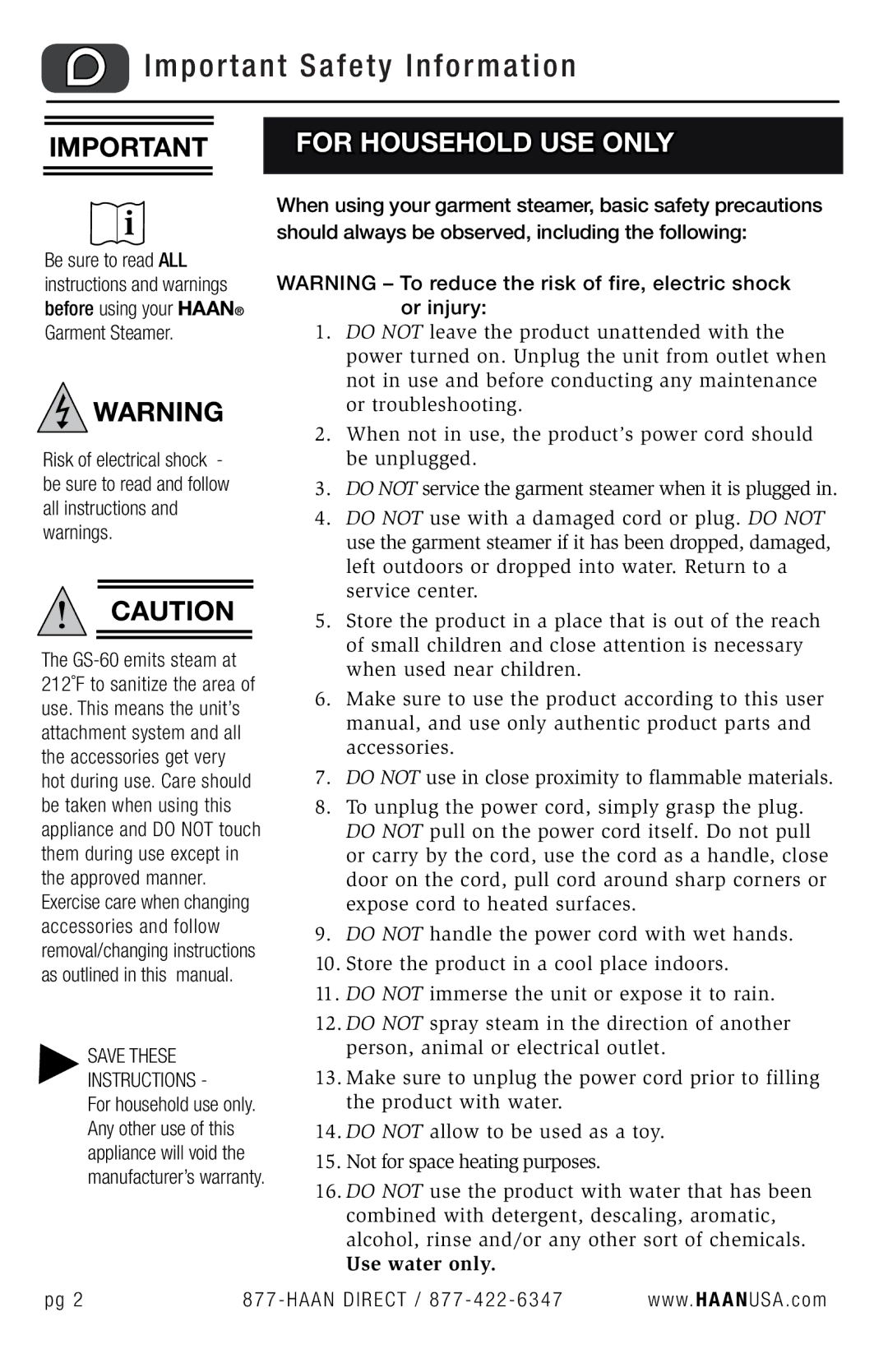 Haan GS-60 user manual Important Safety Information 