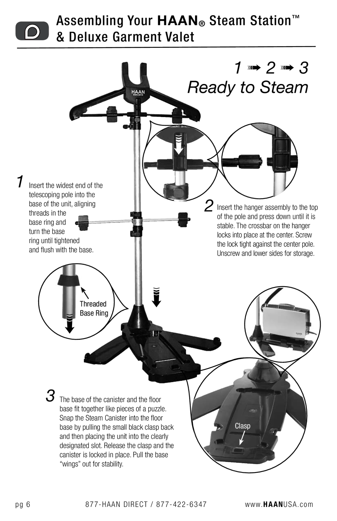 Haan GS-60 user manual Assembling Your Haan Steam Station & Deluxe Garment Valet, Flush with the base Threaded Base Ring 