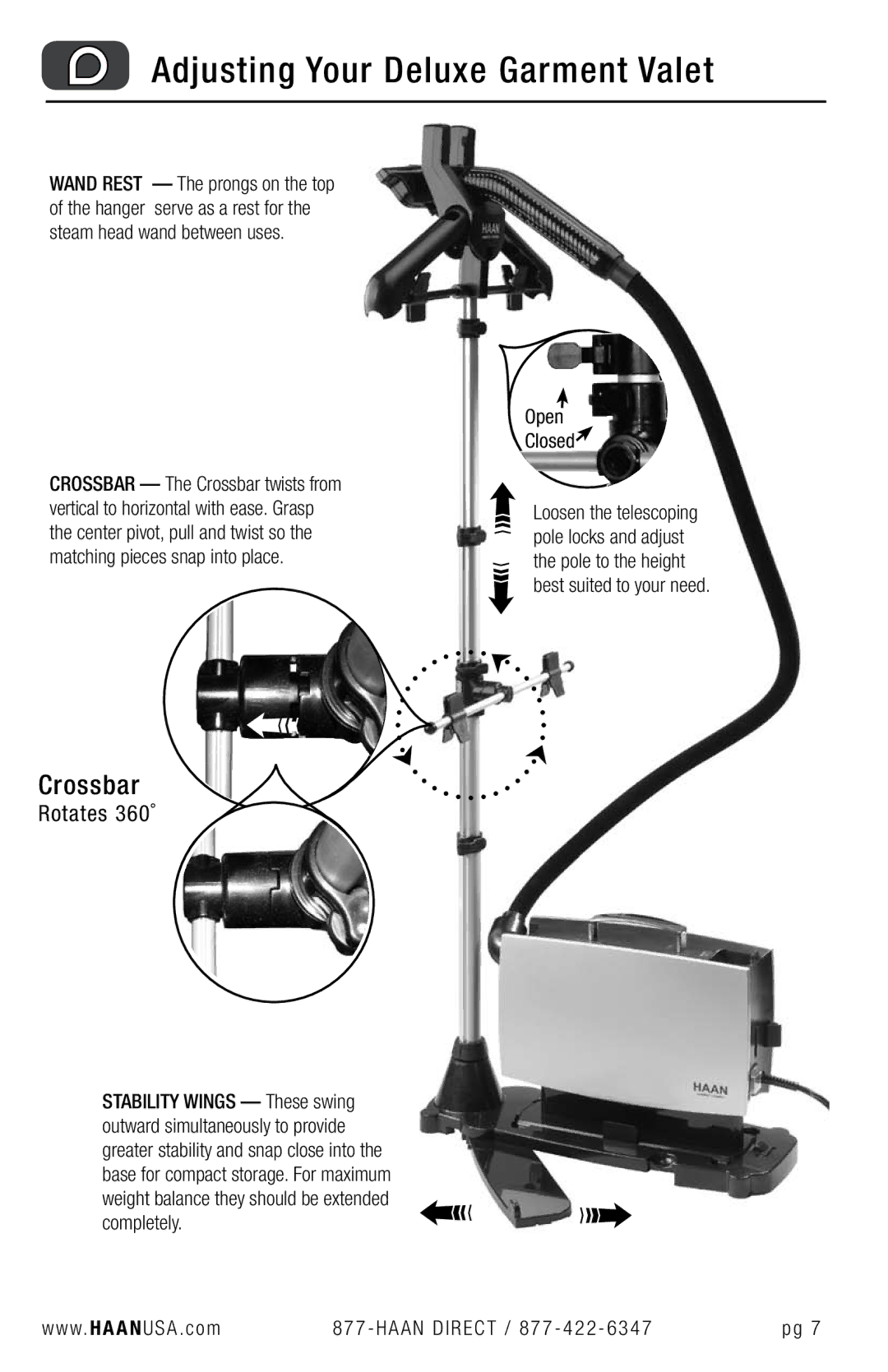 Haan GS-60 user manual Adjusting Your Deluxe Garment Valet, Open Closed 