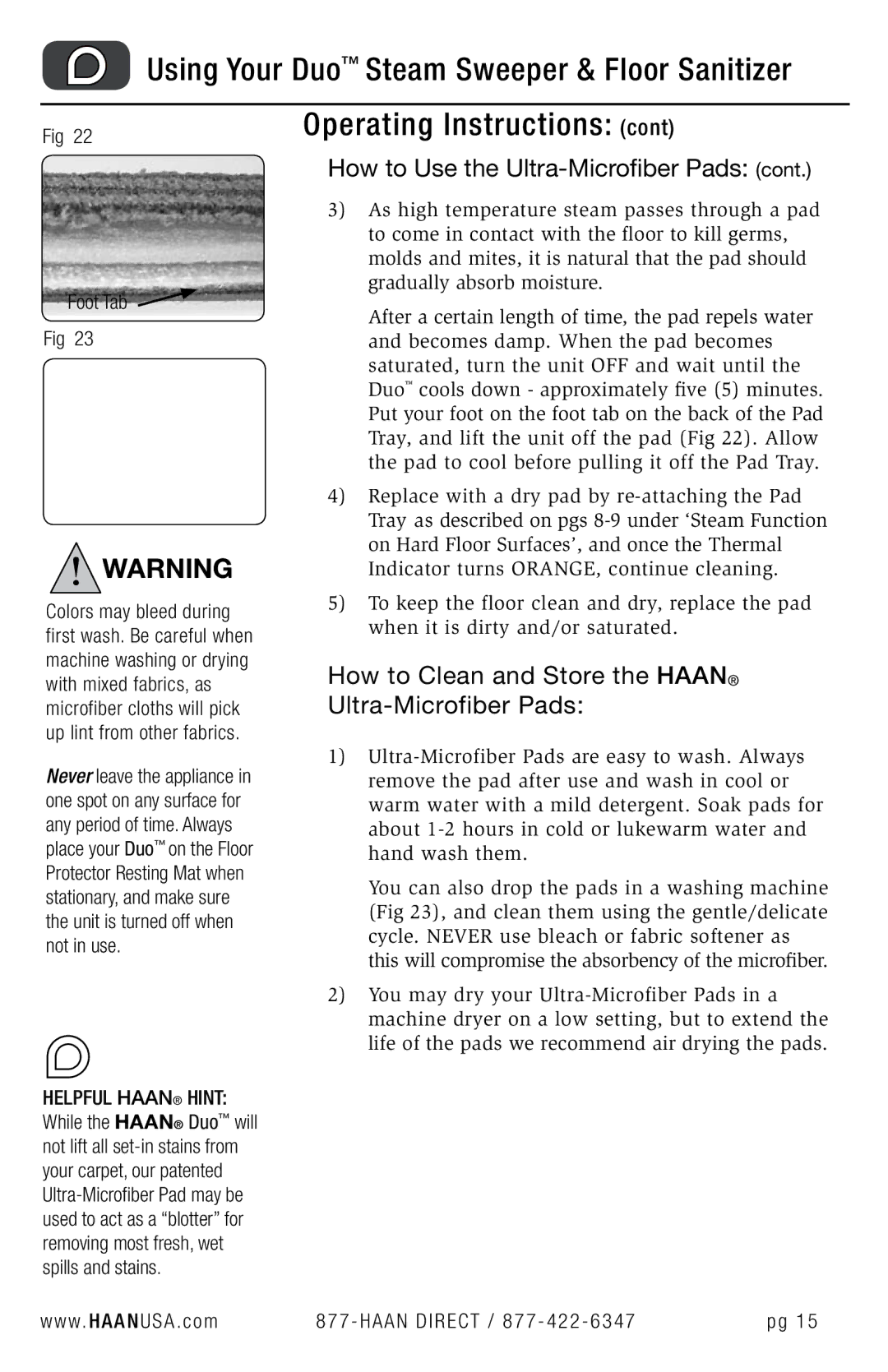 Haan HD-50 user manual Using Your Duo Steam Sweeper & Floor Sanitizer 