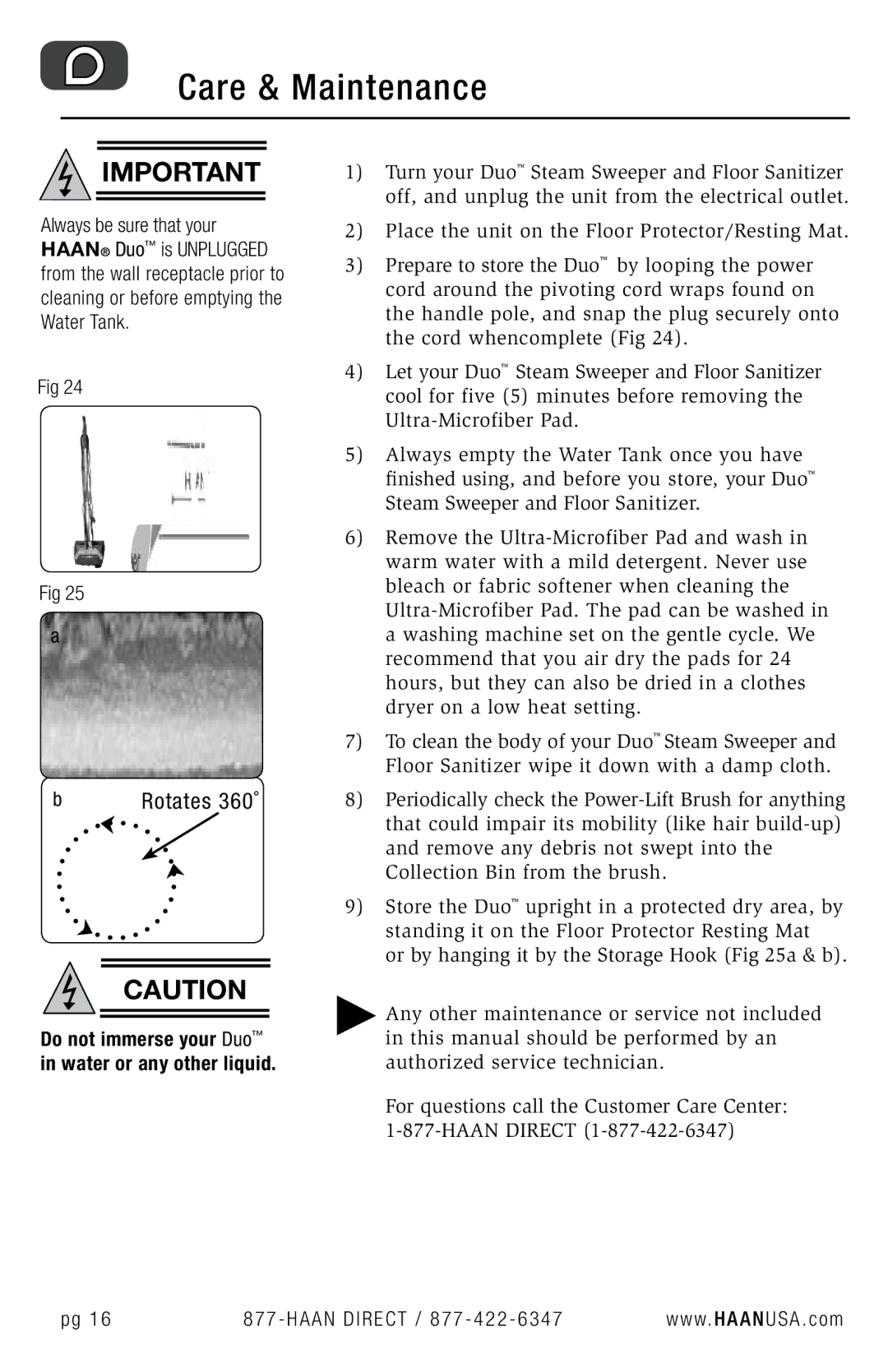 Haan HD-50 user manual Care & Maintenance, Rotates 360˚ 