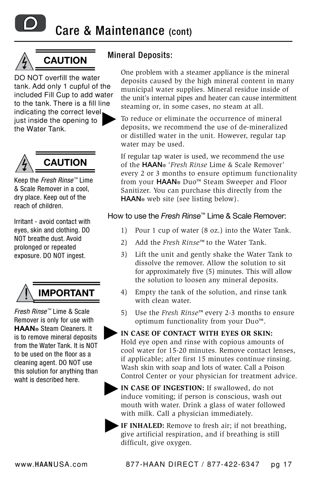 Haan HD-50 user manual How to use the Fresh Rinse Lime & Scale Remover, Keep the Fresh Rinse Lime 