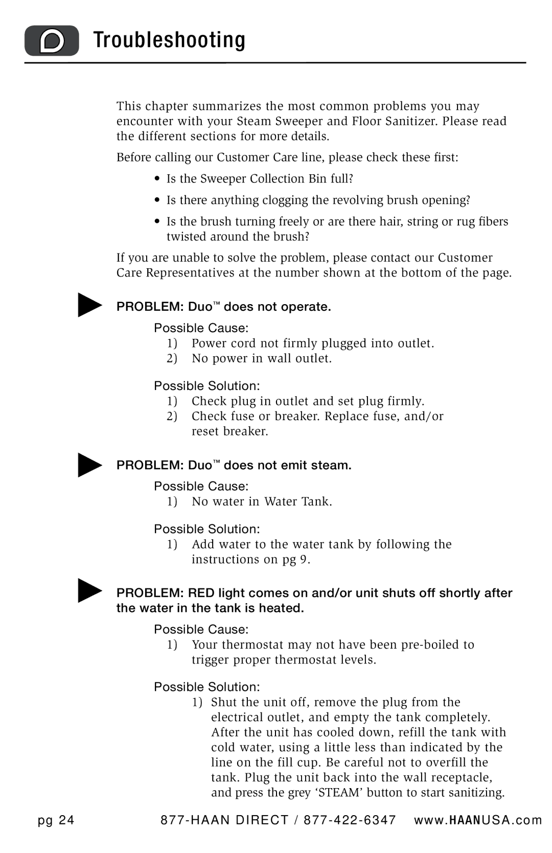 Haan HD-50 user manual Troubleshooting, Problem Duo does not operate Possible Cause, Possible Solution 