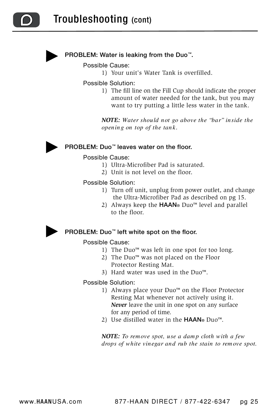 Haan HD-50 Problem Water is leaking from the Duo Possible Cause, Problem Duo leaves water on the floor Possible Cause 