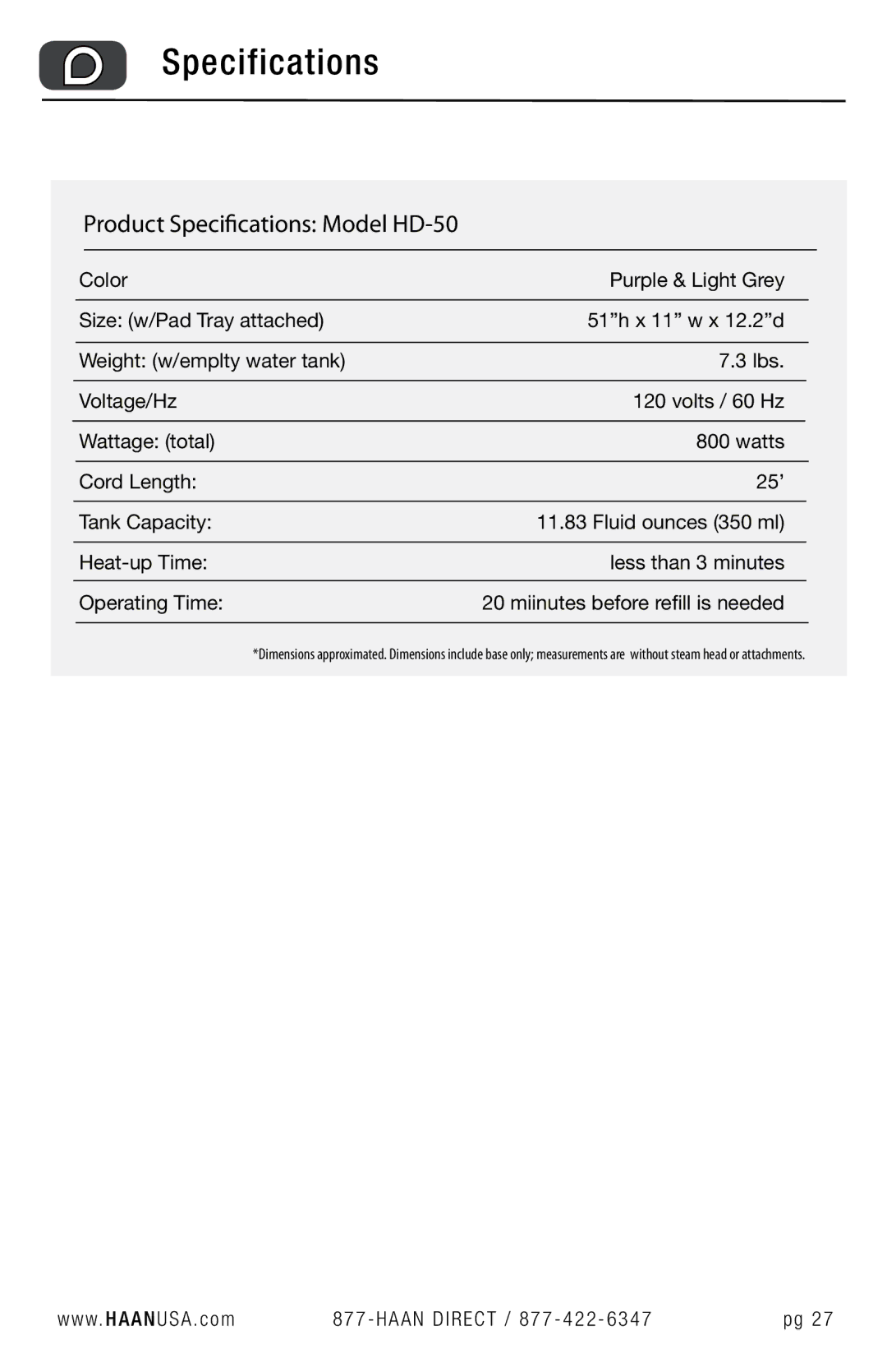 Haan user manual Product Specifications Model HD-50 