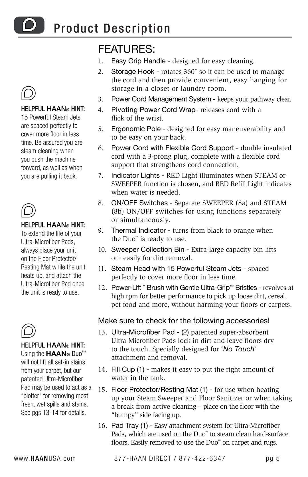 Haan HD-50 user manual Make sure to check for the following accessories, Floor Protector/Resting Mat 1 for use when heating 