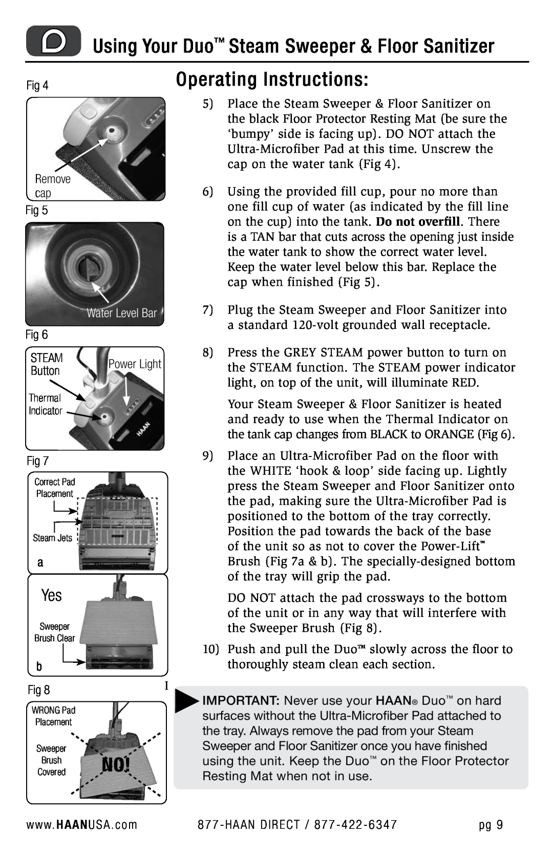 Haan HD-50 user manual Using Your Duo Steam Sweeper & Floor Sanitizer, Operating Instructions, Water Level Bar 