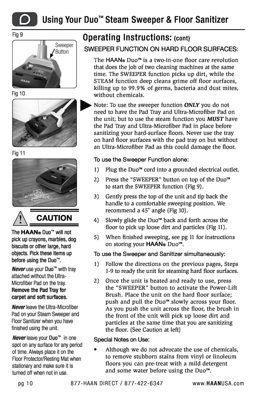 Haan HD-50 user manual Operating Instructions cont, Using Your Duo Steam Sweeper & Floor Sanitizer 