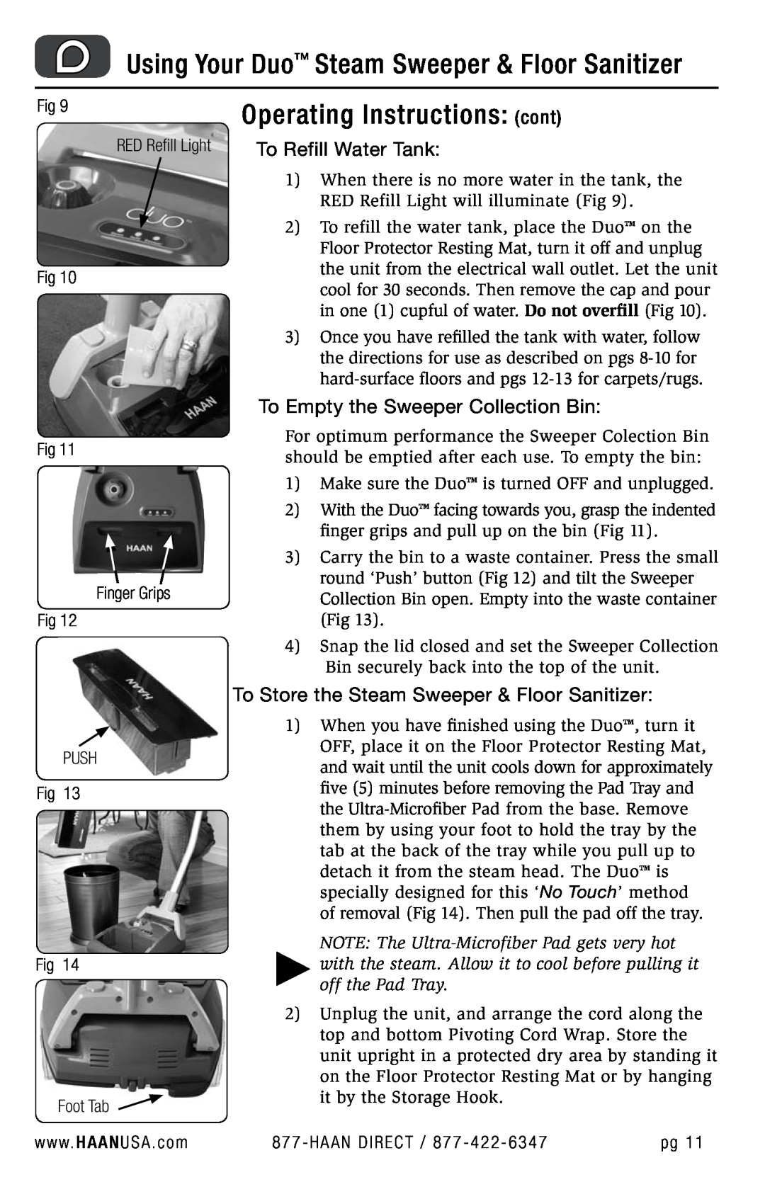 Haan HD-50 user manual Using Your Duo Steam Sweeper & Floor Sanitizer, Operating Instructions cont, To Refill Water Tank 