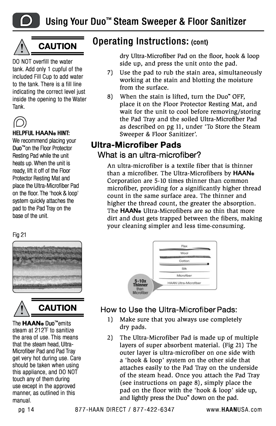 Haan HD-50 user manual Ultra-MicrofiberPads, Using Your Duo Steam Sweeper & Floor Sanitizer, Operating Instructions cont 