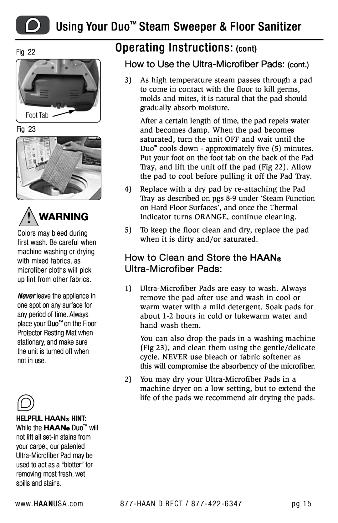 Haan HD-50 user manual Using Your Duo Steam Sweeper & Floor Sanitizer, Operating Instructions cont 