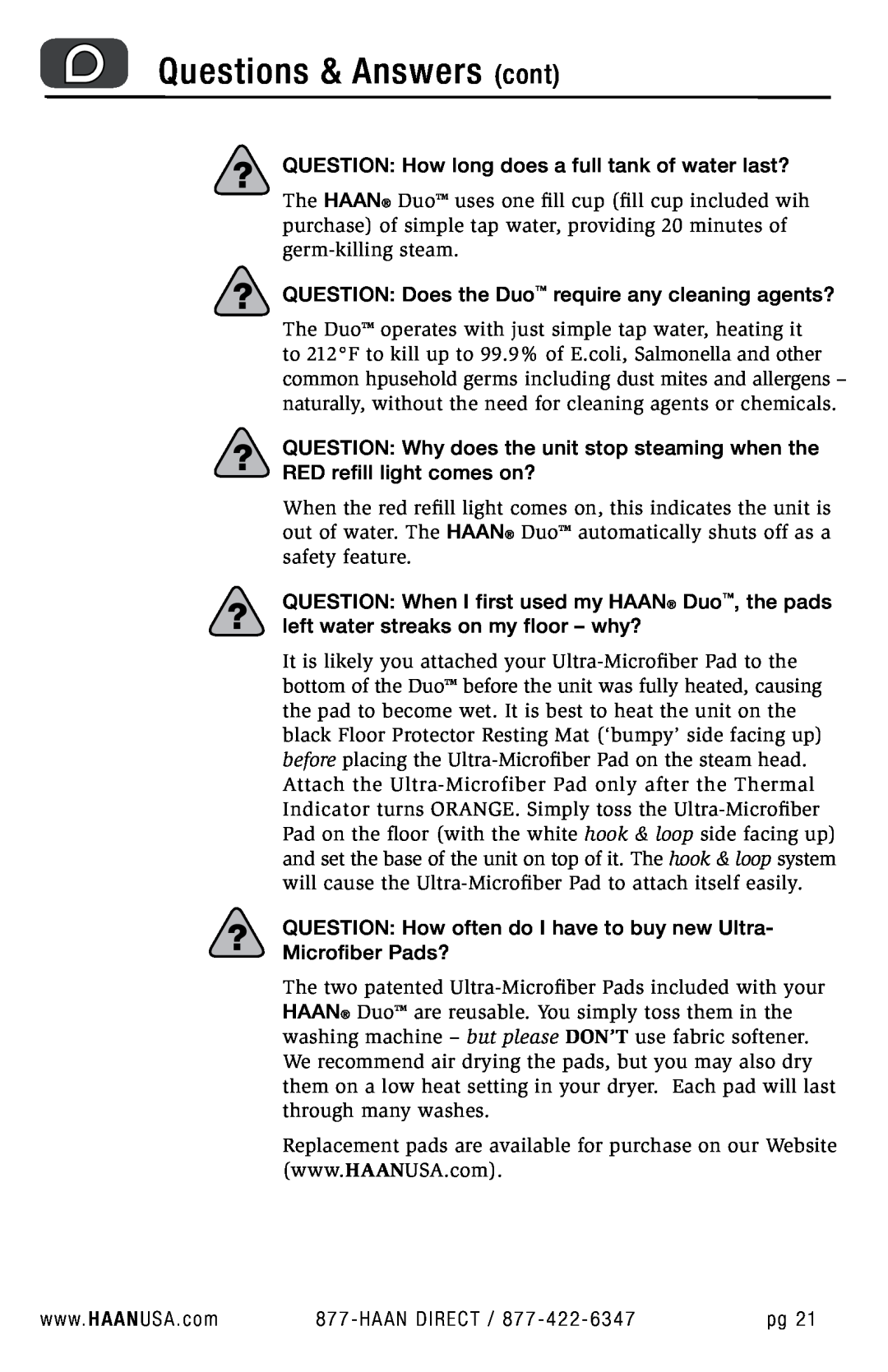 Haan HD-50 user manual Questions & Answers cont, w w w. H A A N USA . com 
