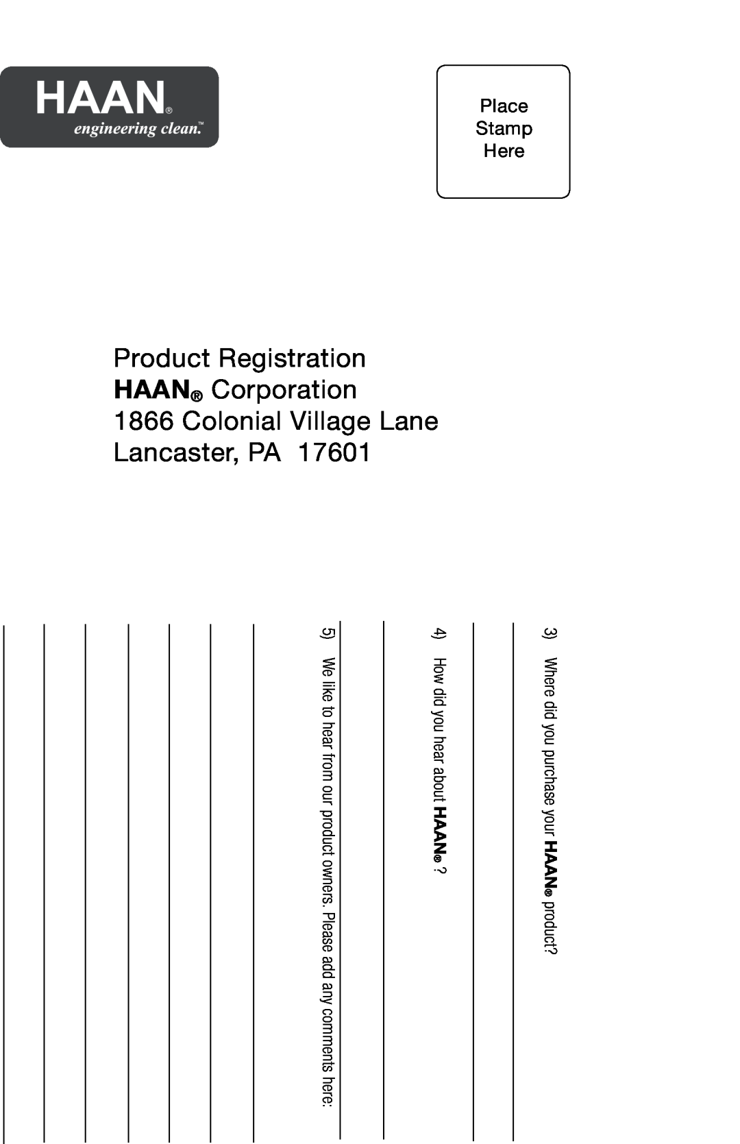 Haan HD-50 Product Registration HAAN Corporation, Colonial Village Lane Lancaster, PA, Place, Stamp, Here, N Aah 
