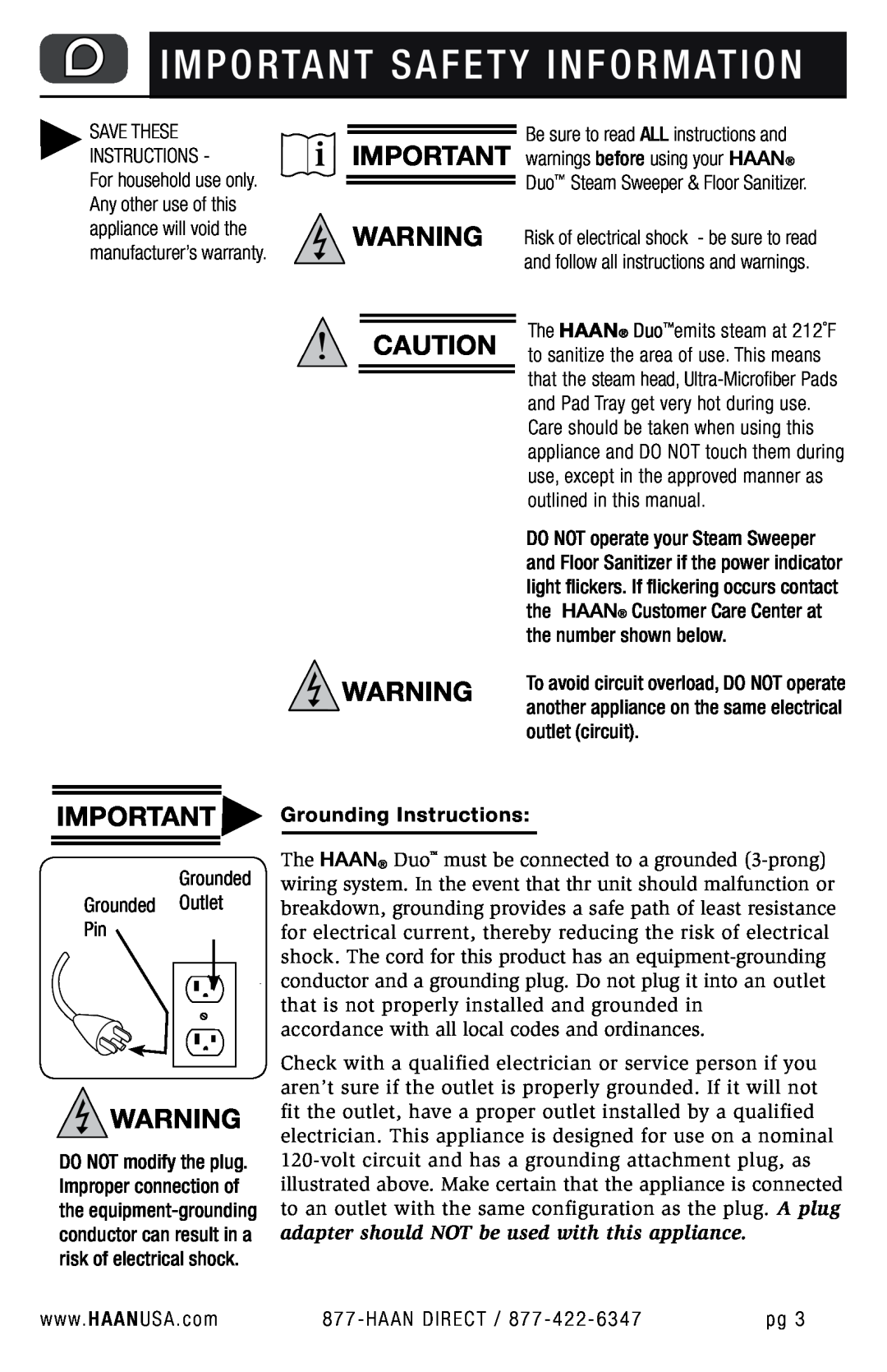 Haan HD-50 user manual Im p o rta nt Safety Information, Grounding Instructions 