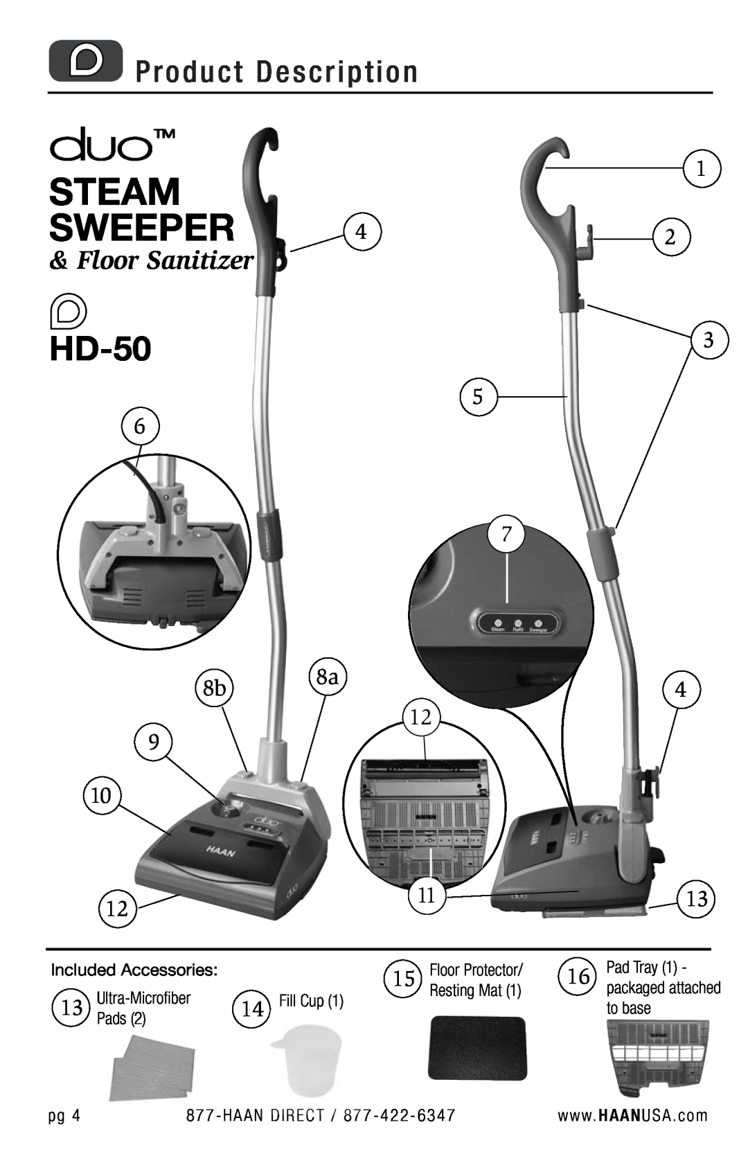 Haan HD-50 user manual Product Description, Steam, Sweeper, Floor Sanitizer 