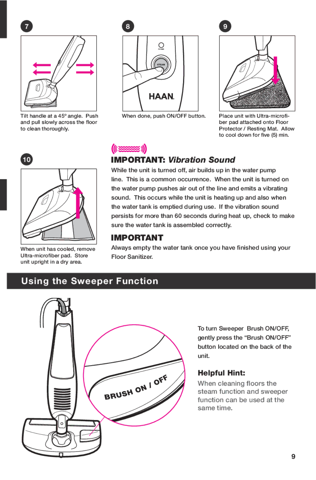 Haan HD-60 instruction manual Using the Sweeper Function, Important Vibration Sound 