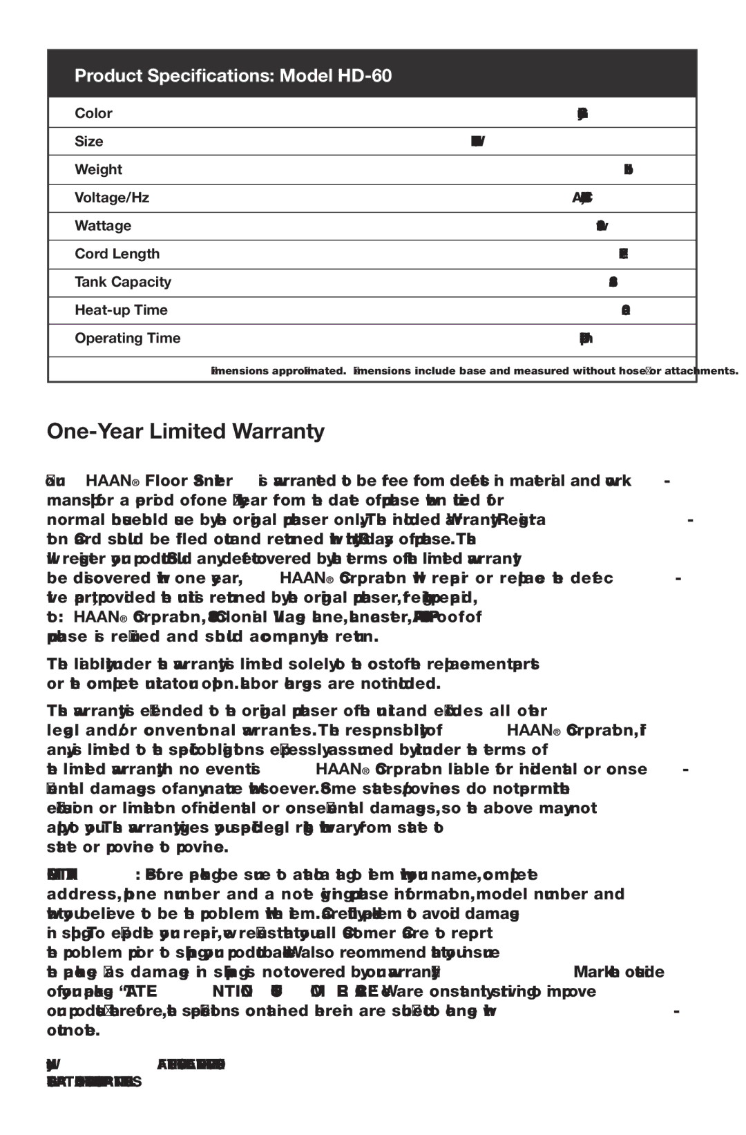 Haan instruction manual One-Year Limited Warranty, Product Specifications Model HD-60 