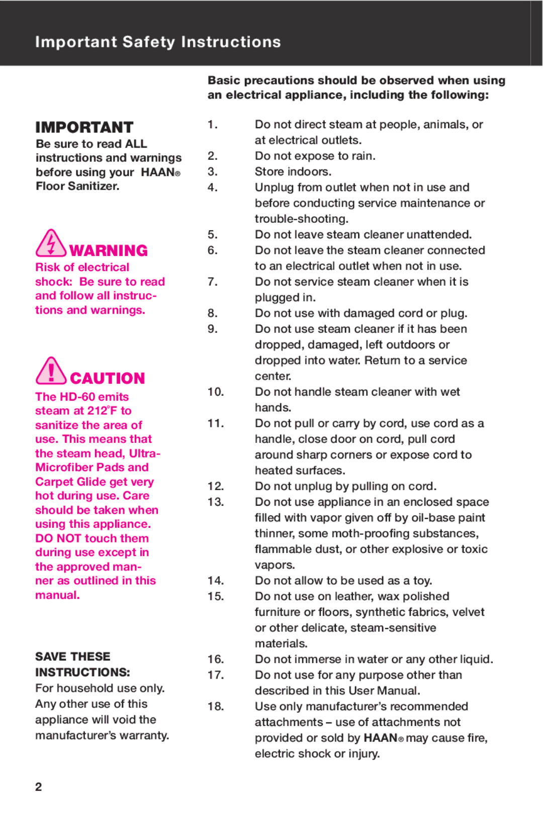 Haan HD-60 instruction manual Important Safety Instructions, Save These Instructions 