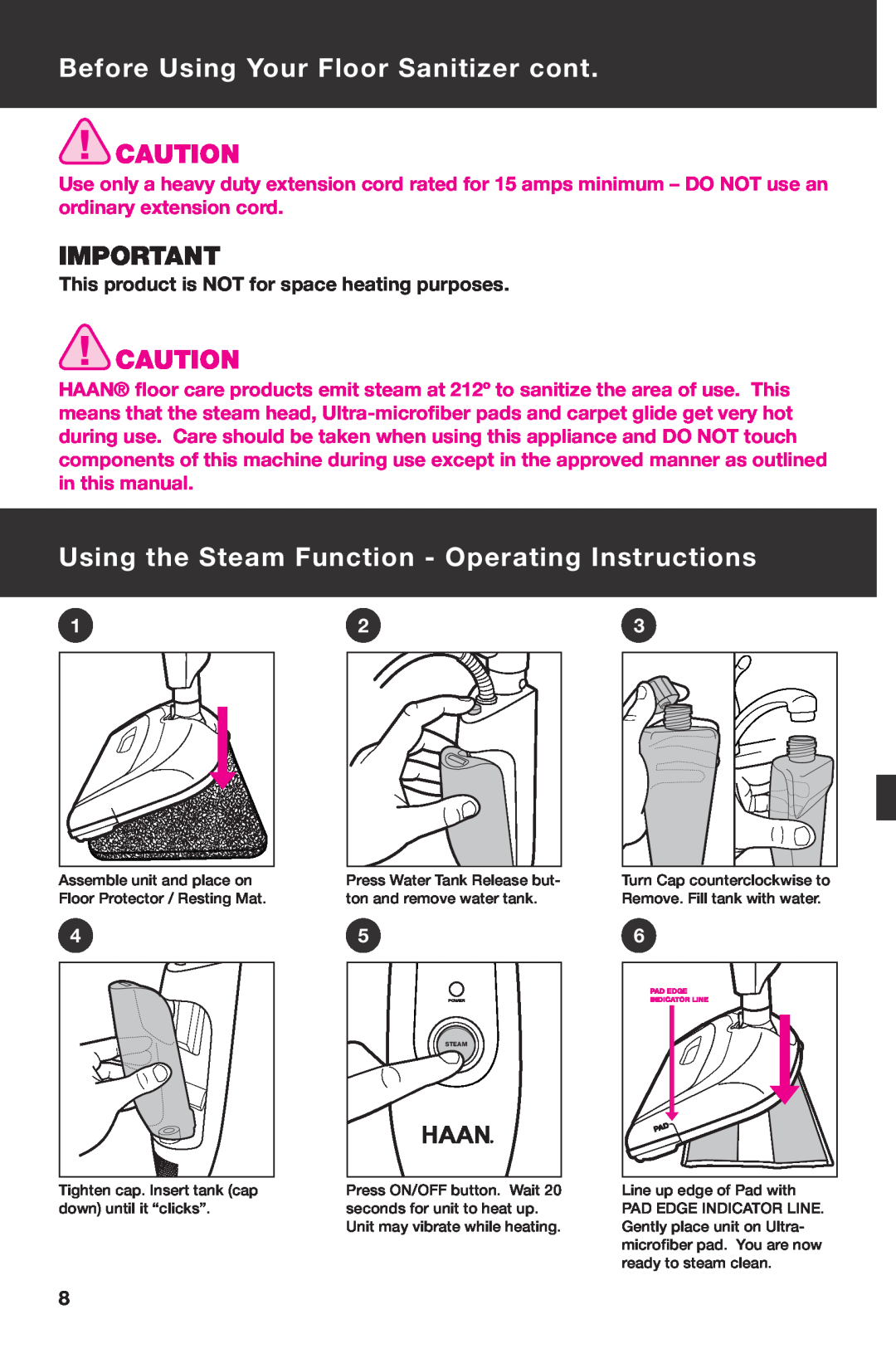 Haan HD-60 instruction manual Before Using Your Floor Sanitizer cont, Using the Steam Function - Operating Instructions 