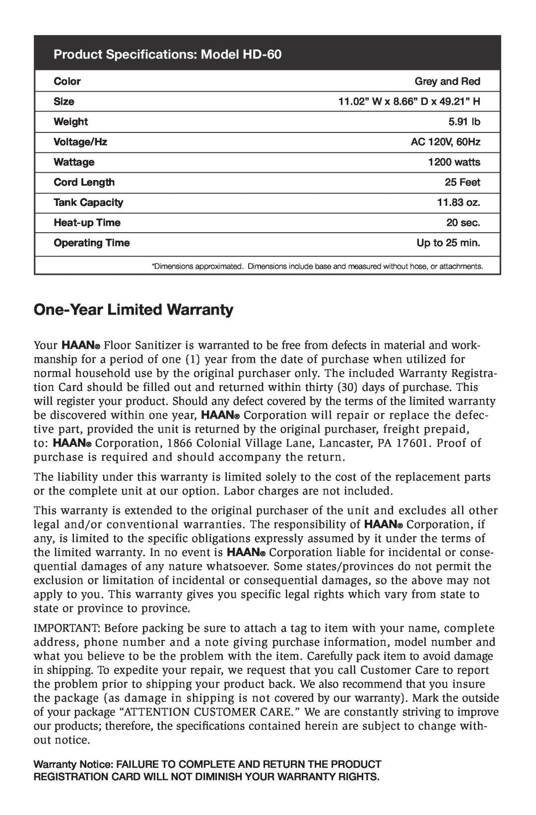 Haan instruction manual One-YearLimited Warranty, Product Specifications Model HD-60 