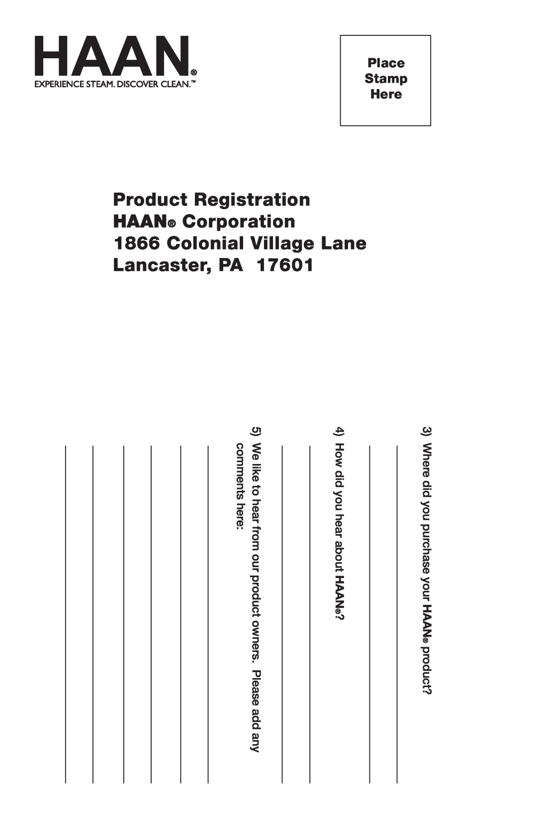 Haan HD-60 instruction manual Product Registration HAAN Corporation, Colonial Village Lane Lancaster, PA, Place Stamp Here 