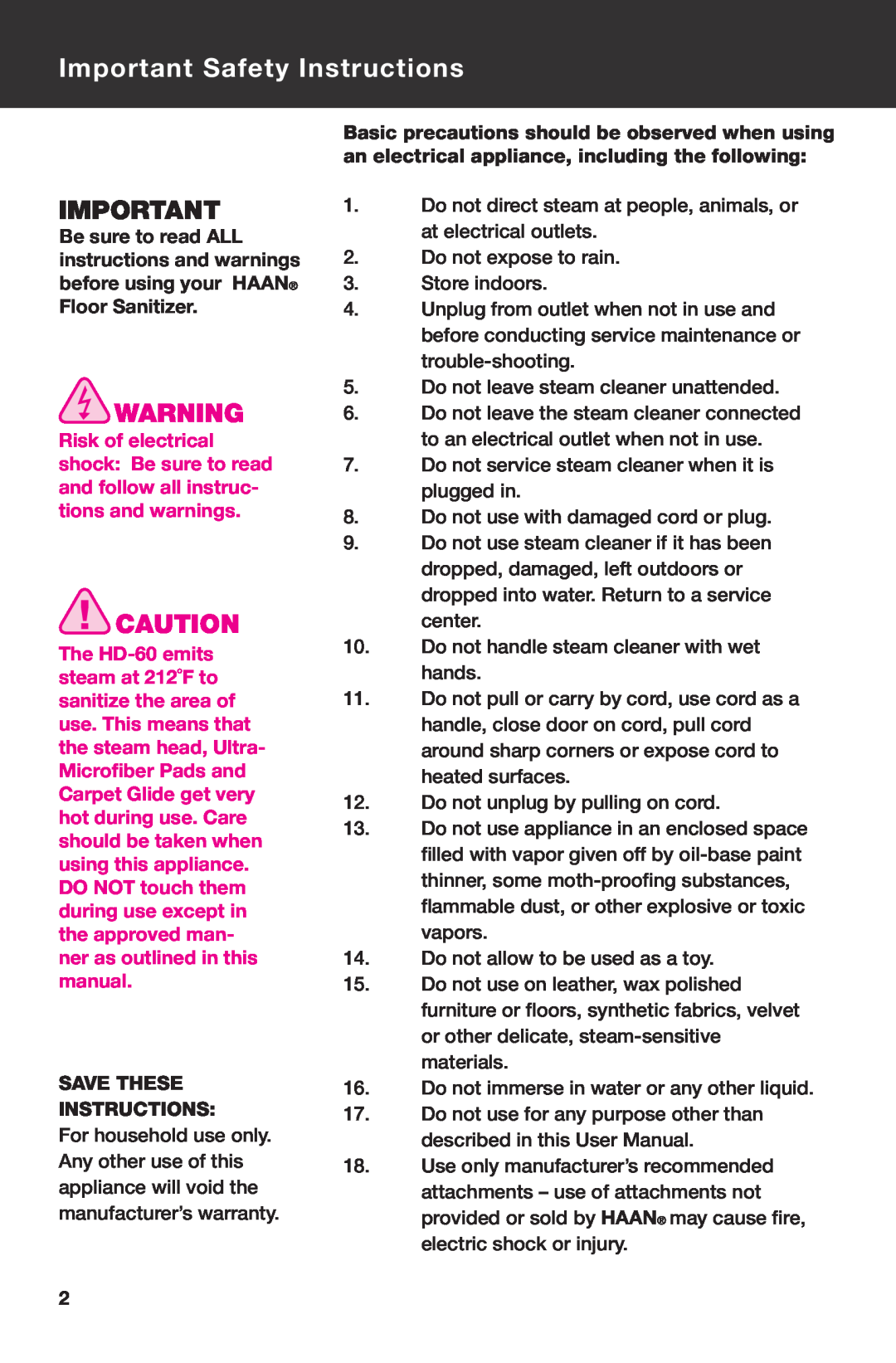 Haan HD-60 instruction manual Important Safety Instructions, Save These Instructions 