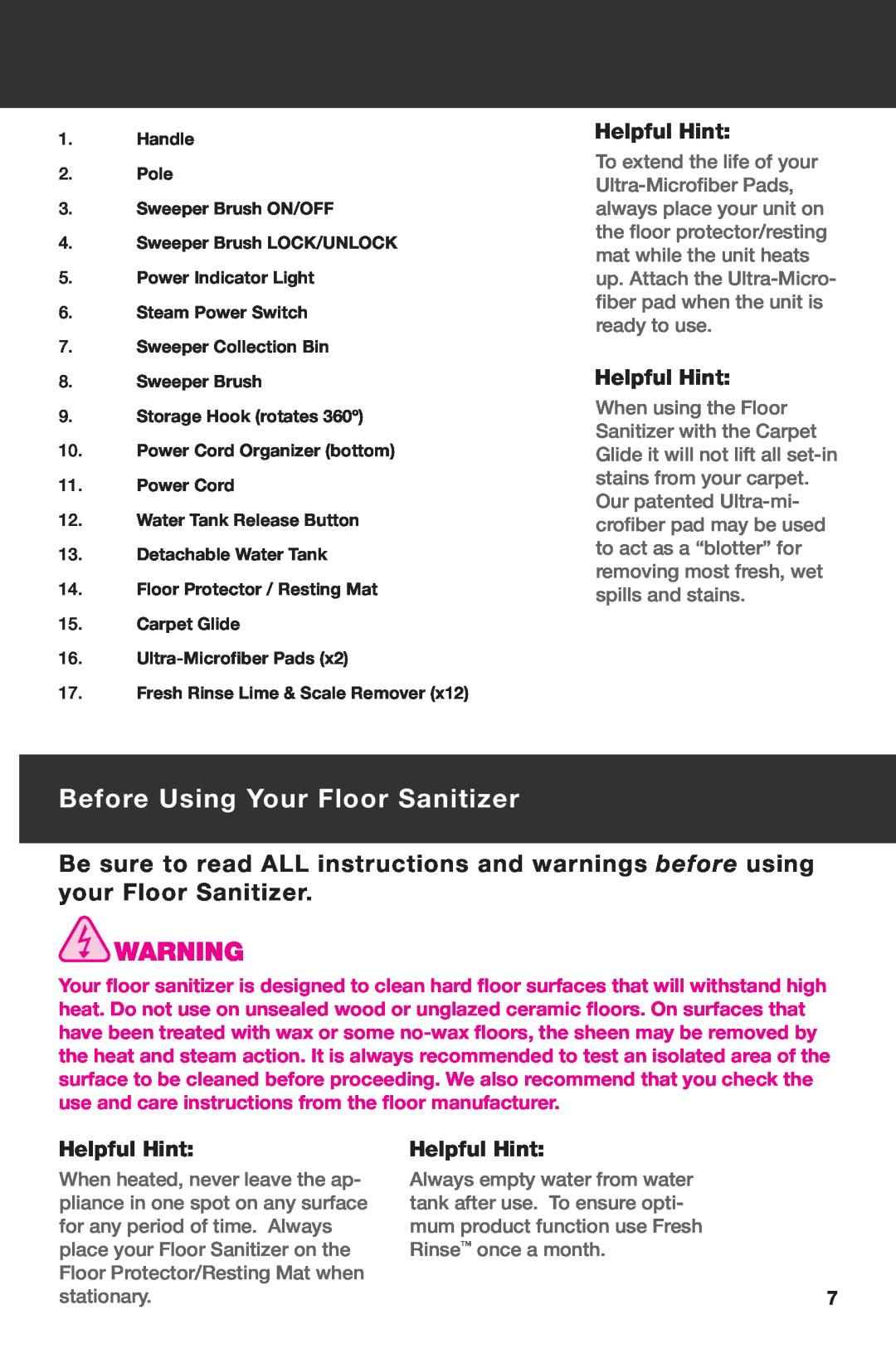 Haan HD-60 instruction manual Before Using Your Floor Sanitizer, Helpful Hint 