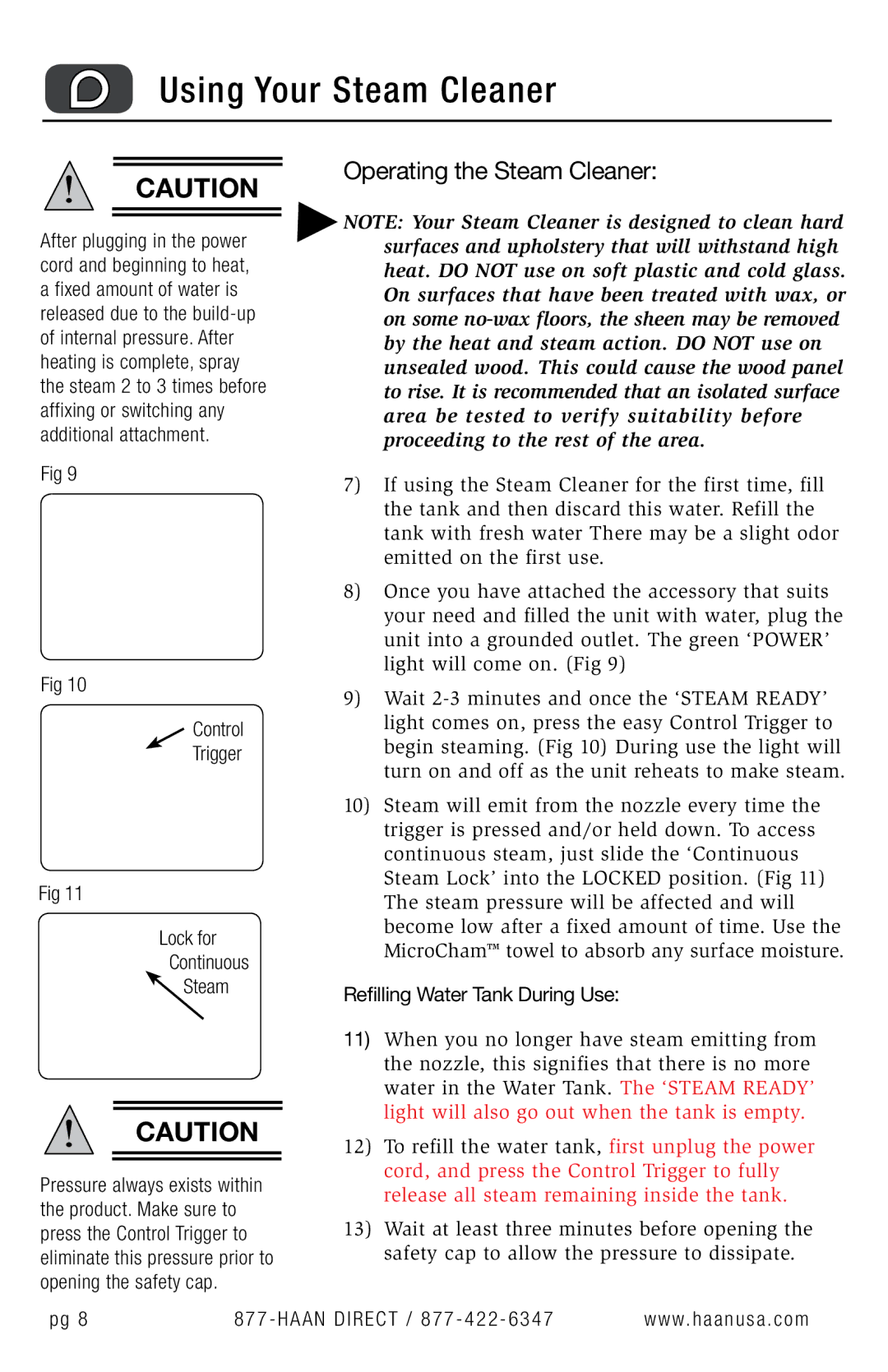 Haan HS-20 Operating the Steam Cleaner, Control Trigger Lock for Continuous Steam, Refilling Water Tank During Use 