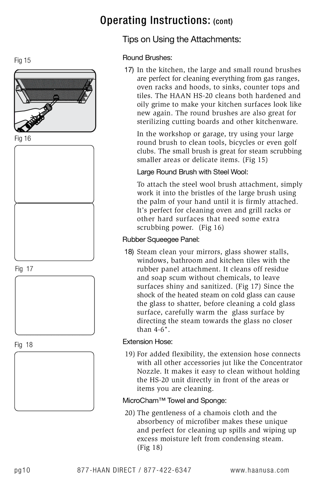 Haan HS-20 user manual Pg10, Round Brushes, Large Round Brush with Steel Wool, Extension Hose, MicroCham Towel and Sponge 