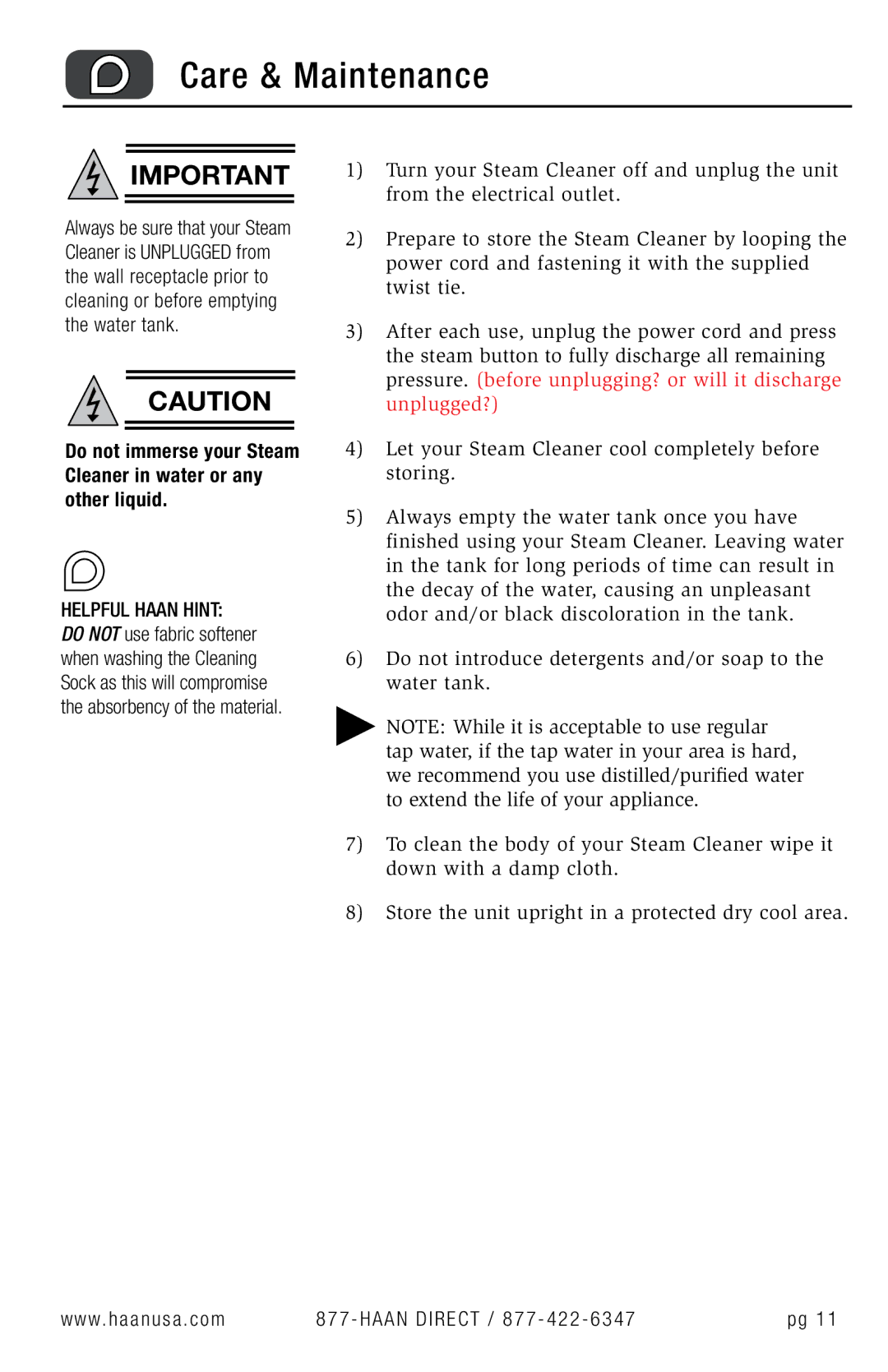 Haan HS-20 user manual Care & Maintenance 