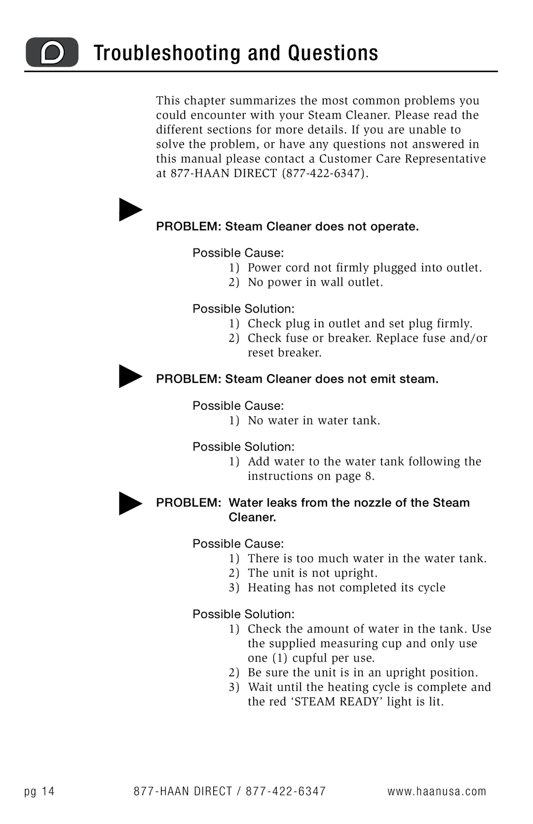 Haan HS-20 Troubleshooting and Questions, Problem Steam Cleaner does not operate Possible Cause, Possible Solution 