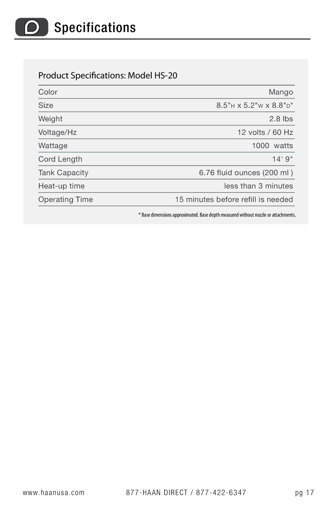 Haan user manual Product Specifications Model HS-20 