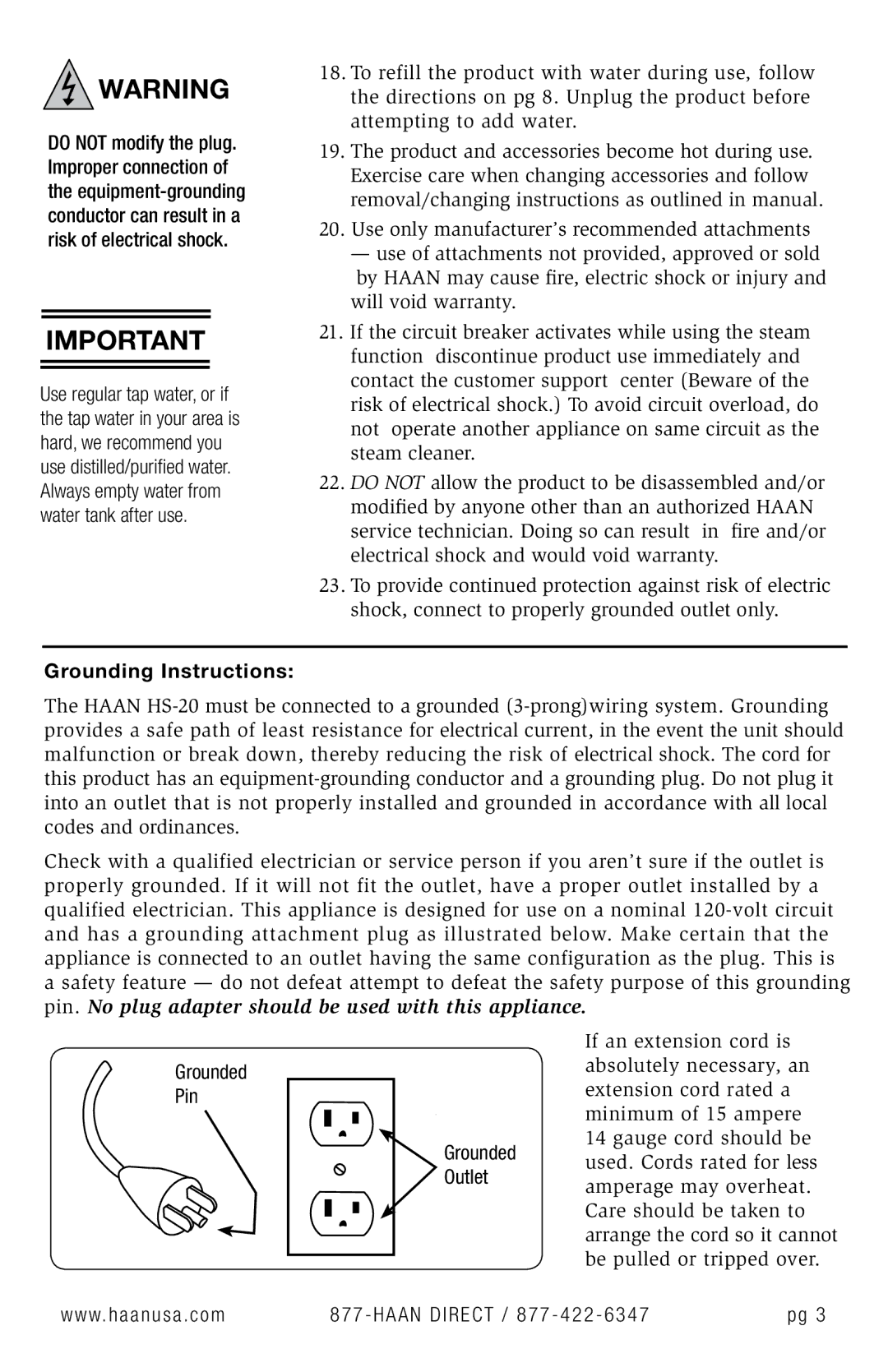 Haan HS-20 user manual Grounding Instructions 