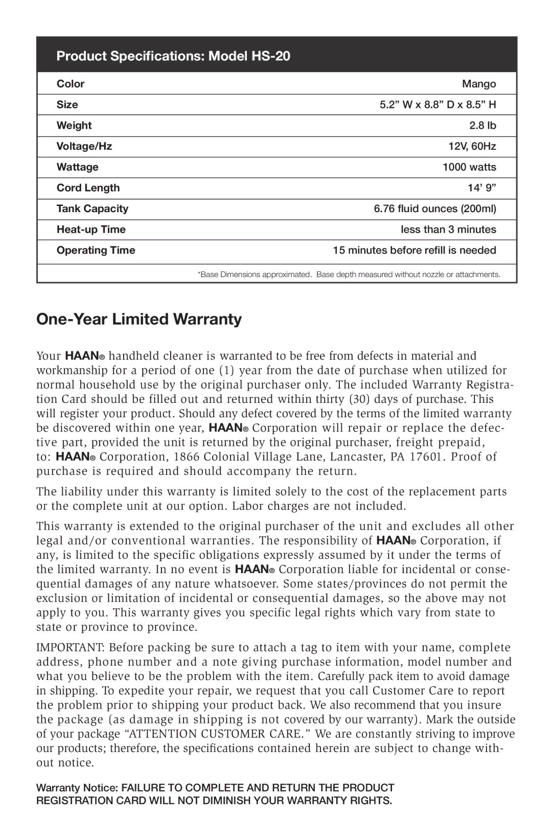 Haan instruction manual One-Year Limited Warranty, Product Specifications Model HS-20 