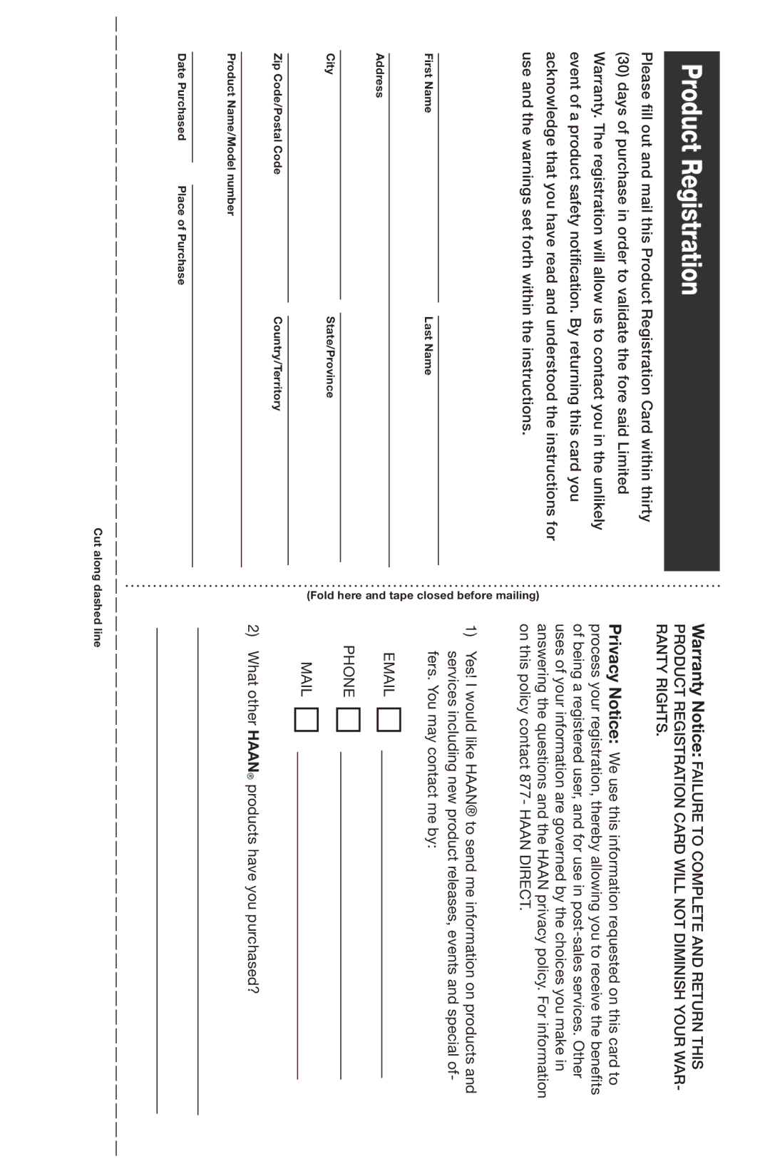 Haan HS-20 instruction manual Product Registration, Phone Mail 