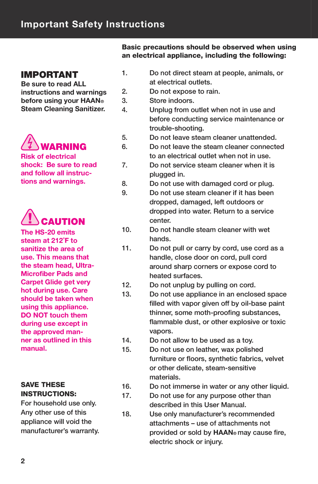 Haan HS-20 instruction manual Important Safety Instructions, Save These Instructions 