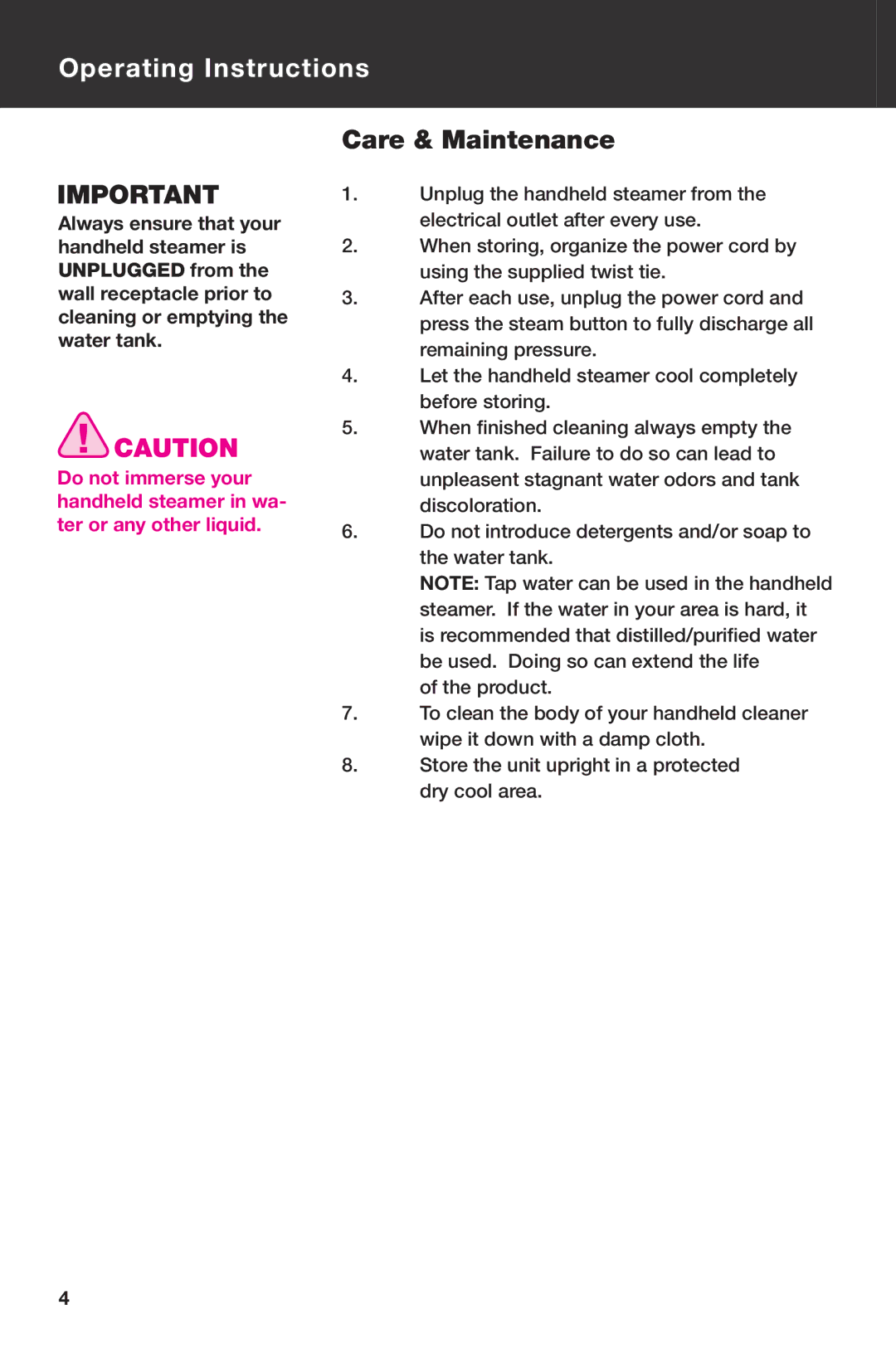 Haan HS-20 instruction manual Operating Instructions, Care & Maintenance 