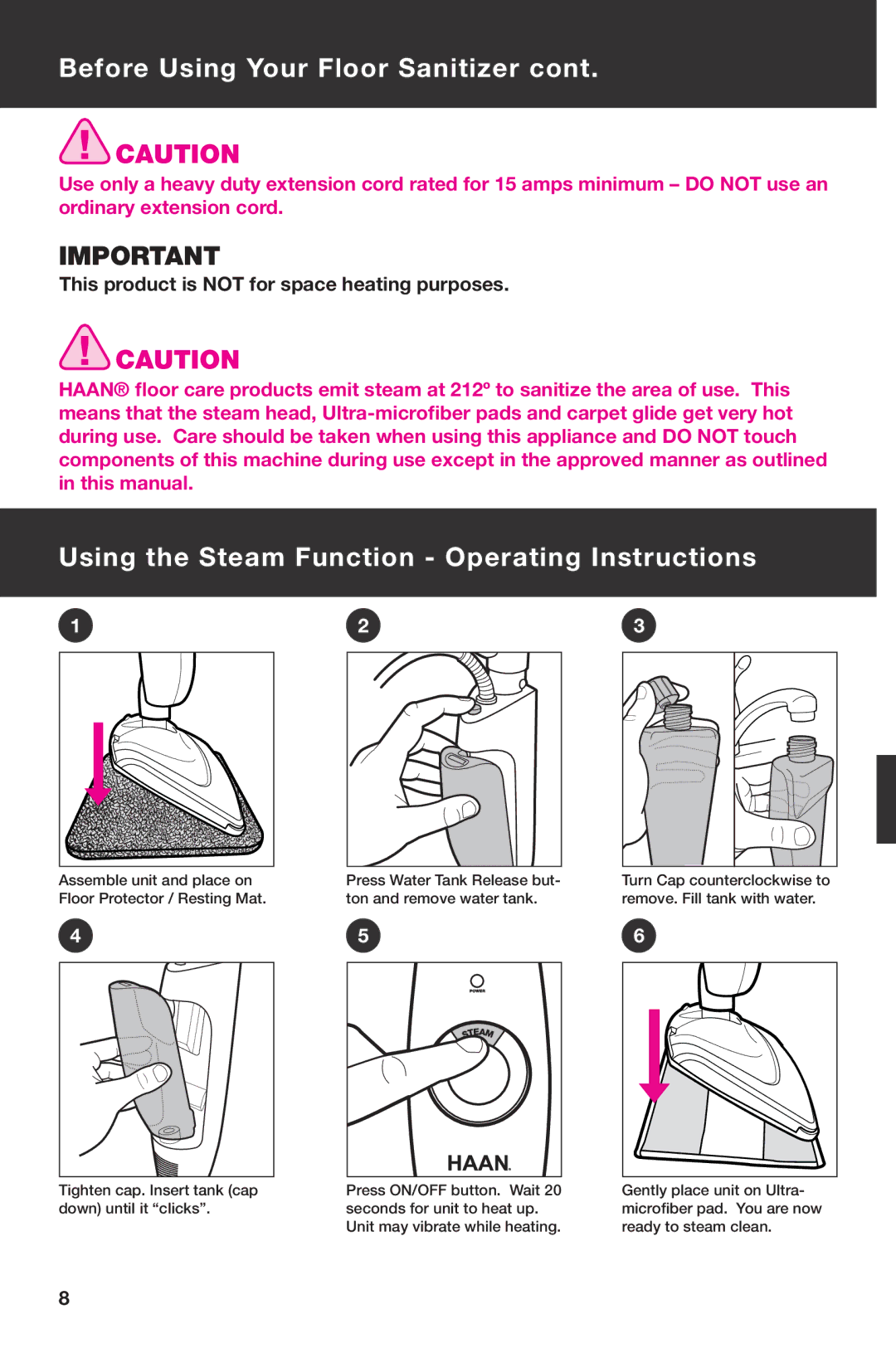 Haan SI-25 instruction manual Using the Steam Function Operating Instructions 