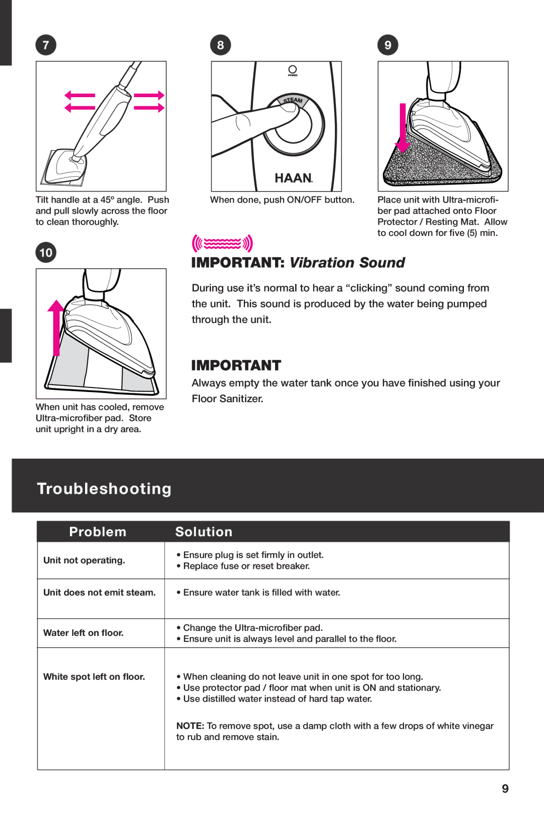 Haan SI-25 instruction manual Troubleshooting, Important Vibration Sound 