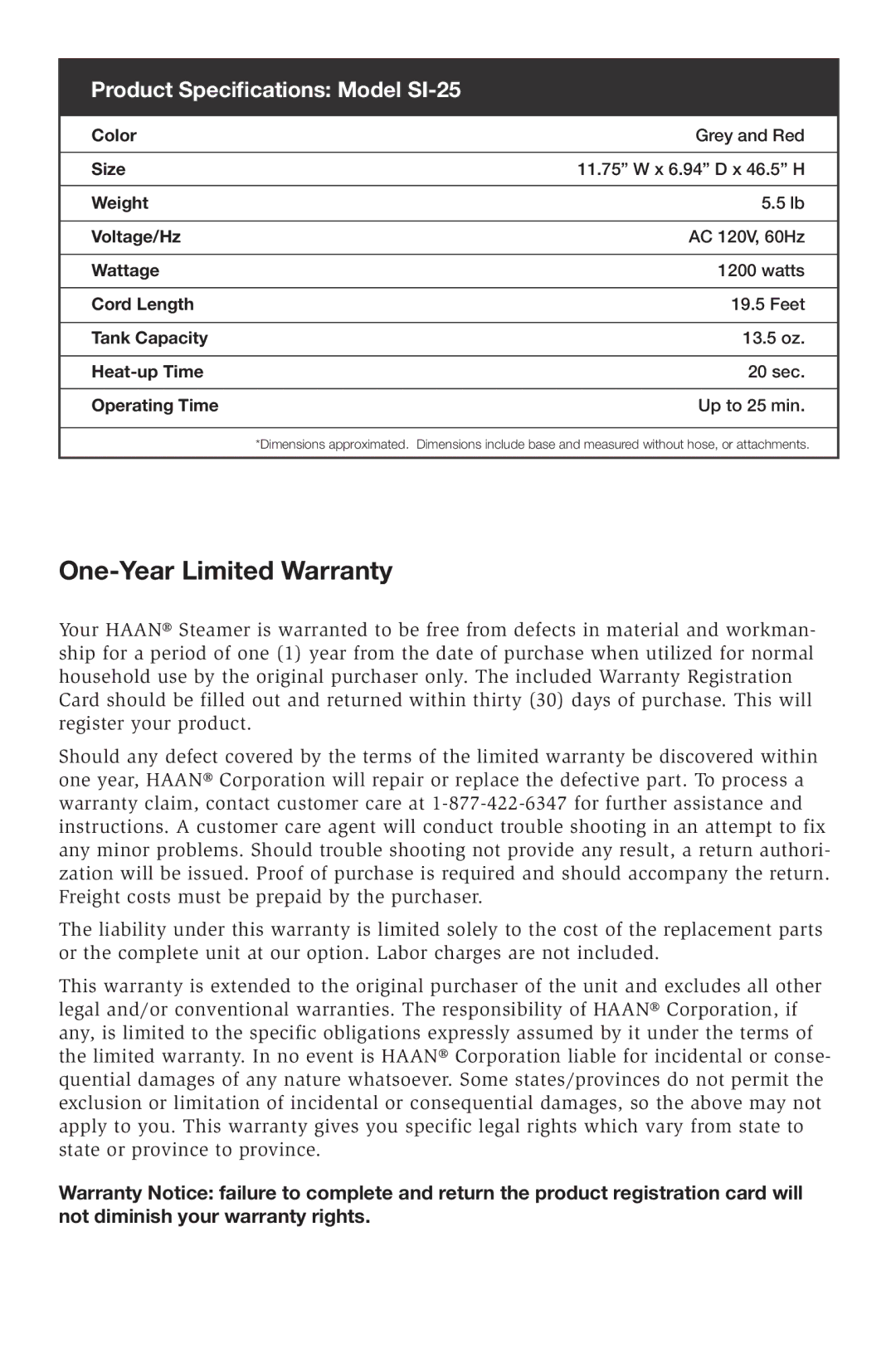 Haan instruction manual One-Year Limited Warranty, Product Specifications Model SI-25 