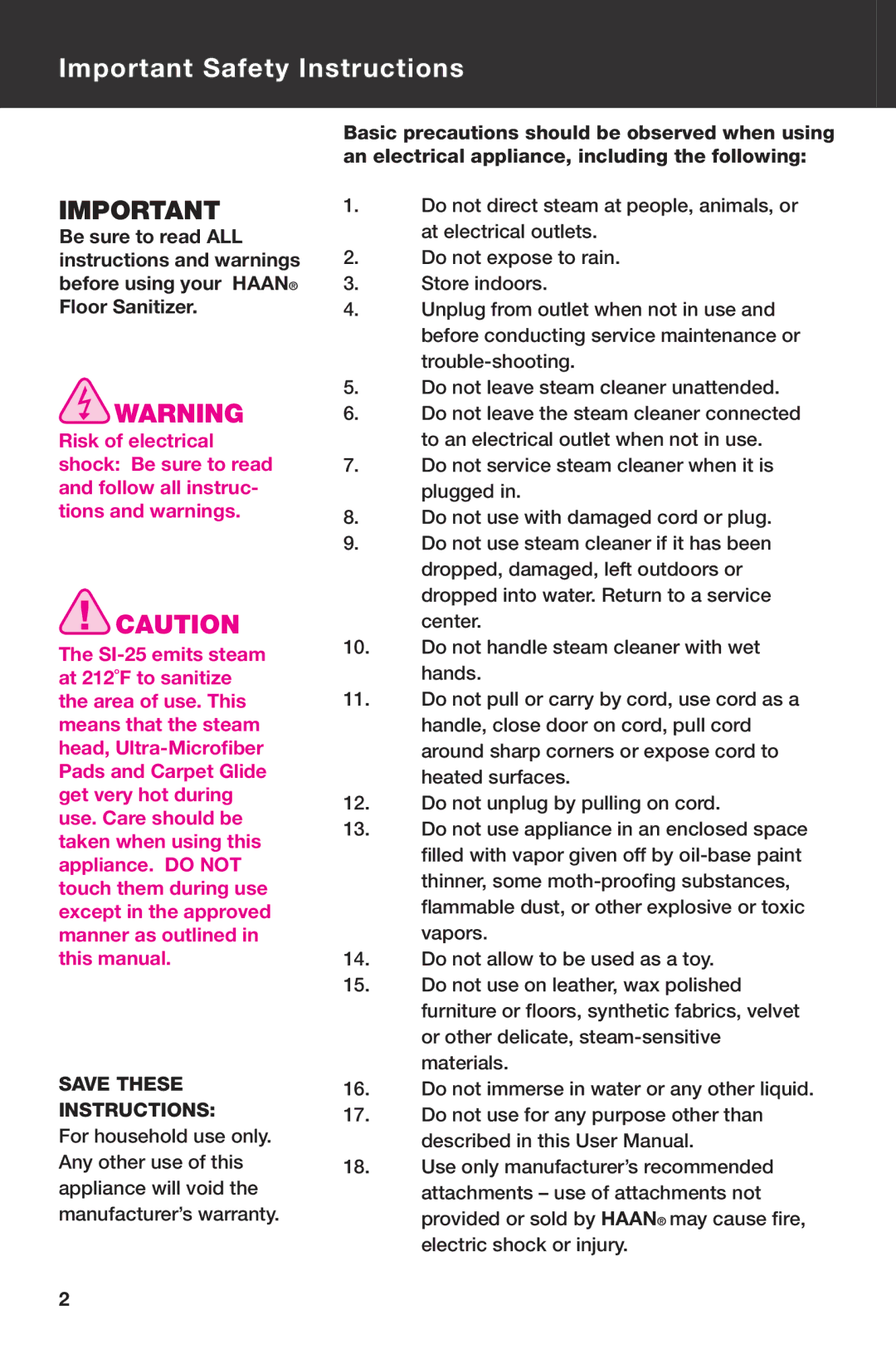 Haan SI-25 instruction manual Important Safety Instructions, Save These Instructions 