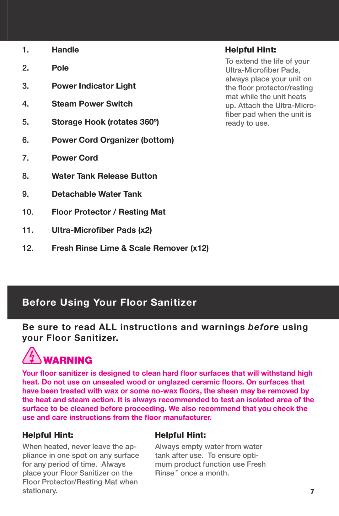 Haan SI-25 instruction manual Before Using Your Floor Sanitizer 