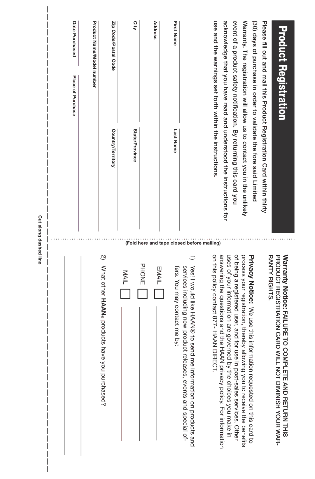 Haan SI-35 instruction manual Product Registration, Phone Mail 