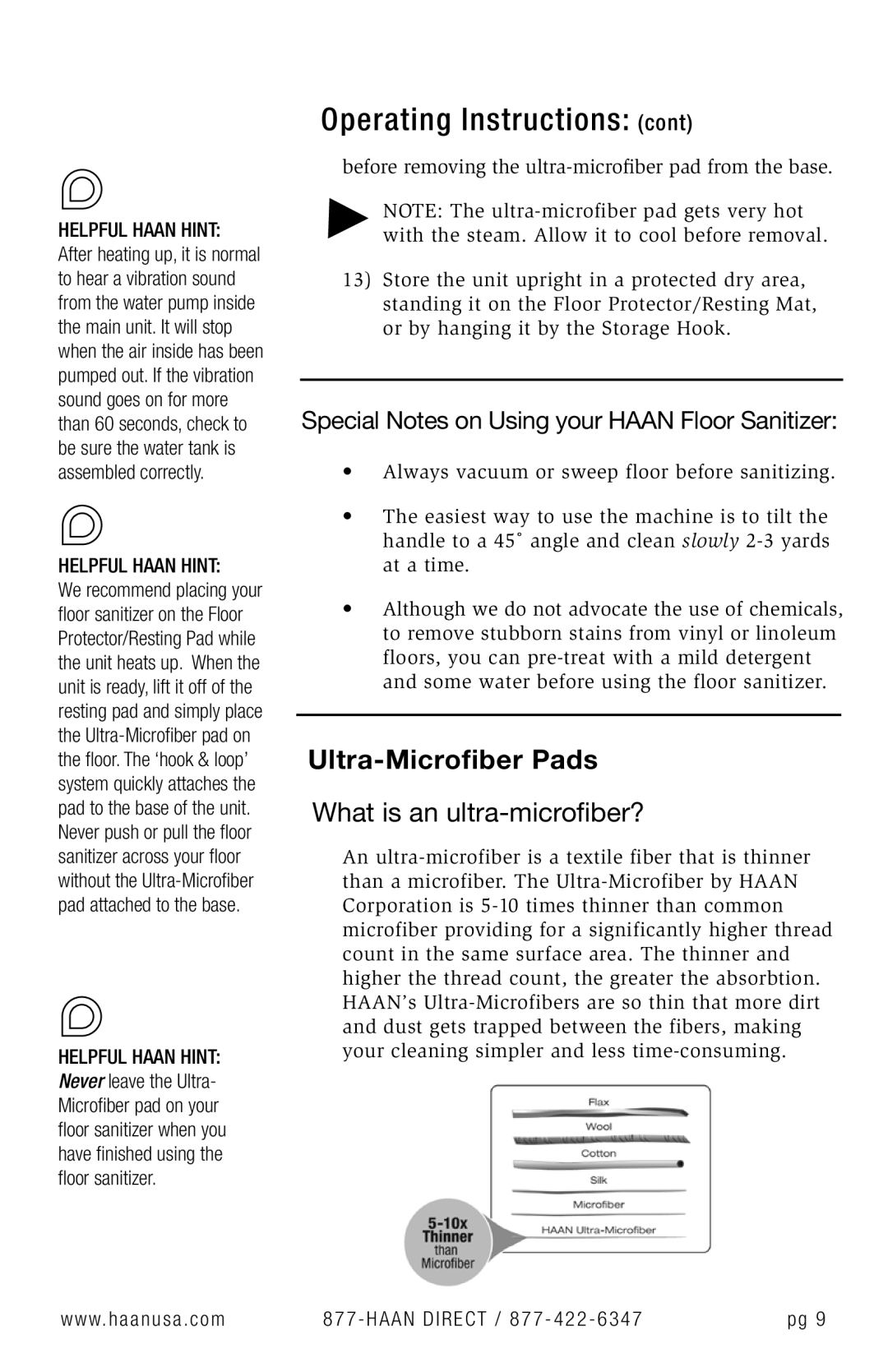 Haan SI-35 user manual Ultra-Microfiber Pads, Special Notes on Using your Haan Floor Sanitizer 