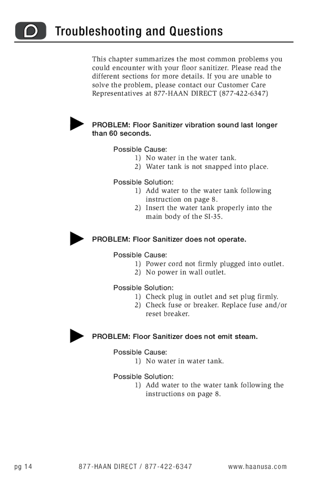 Haan SI-35 Troubleshooting and Questions, Possible Solution, Problem Floor Sanitizer does not operate Possible Cause 