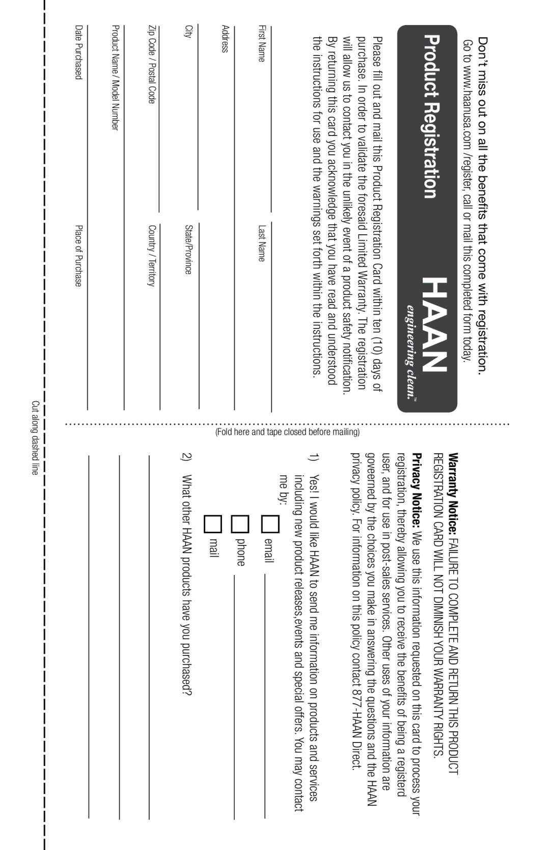 Haan SI-35 user manual Failure Warranty Notice, Returdan, What other Haan products have you purchased? 