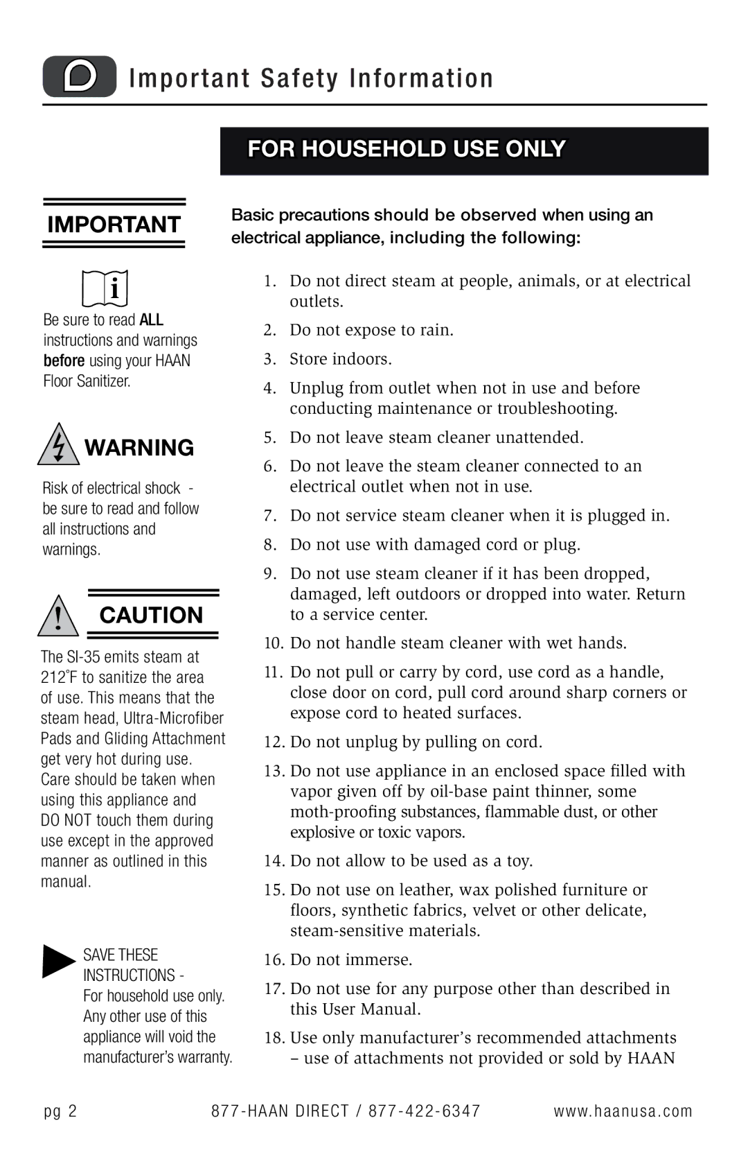 Haan SI-35 user manual Important Safety Information 