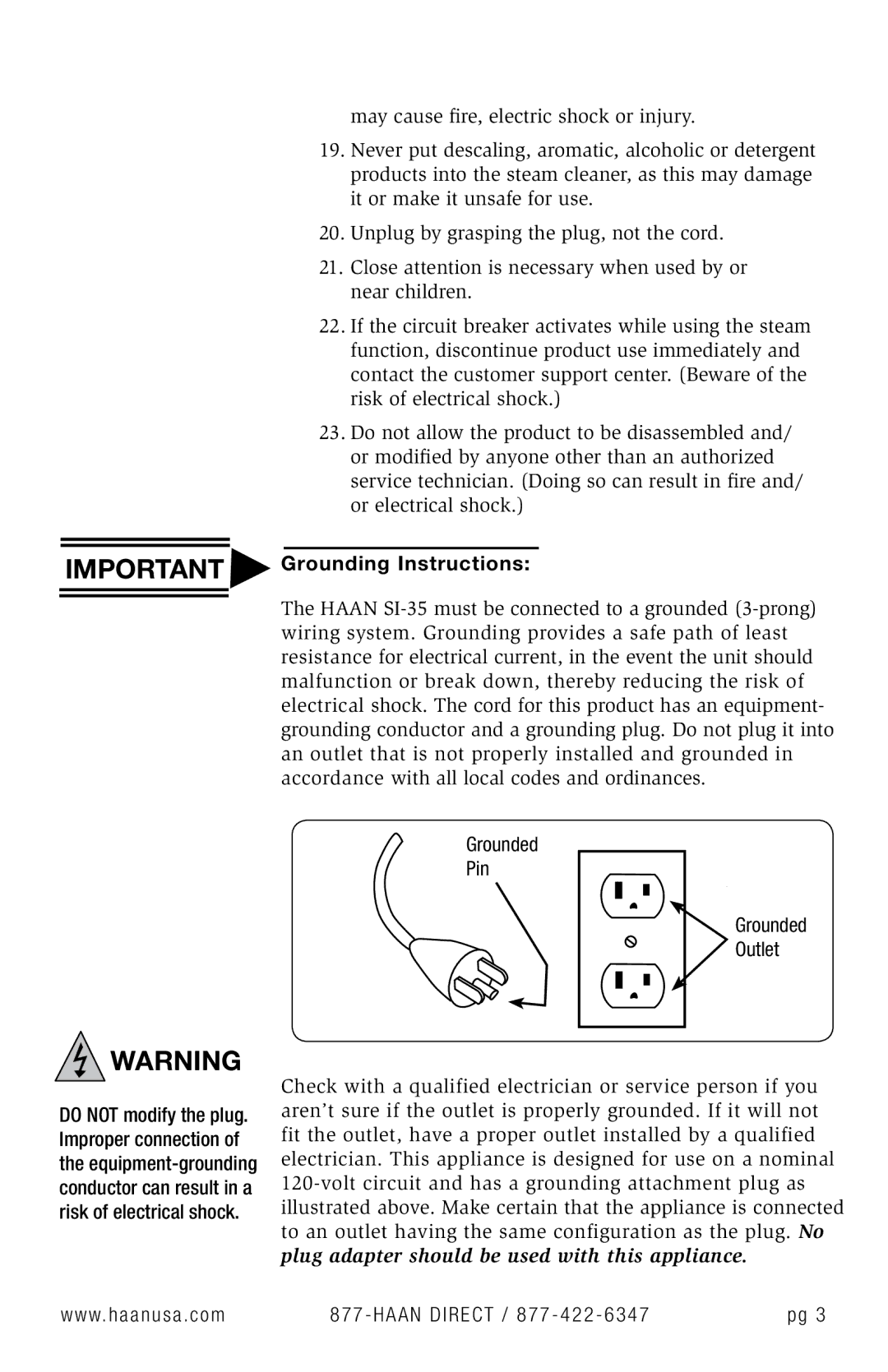 Haan SI-35 user manual Important Grounding Instructions, Grounded Pin Outlet 